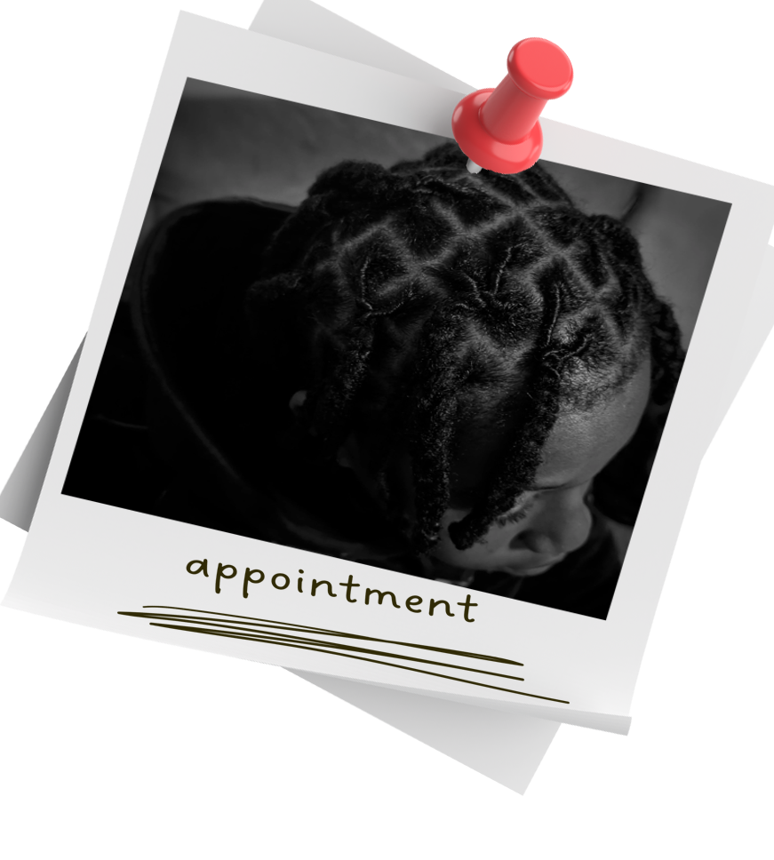Black and white photograph of a person with styled, twisted hair, pinned to a white paper with a red pushpin. The paper is labeled 'appointment' with a handwritten line underneath.