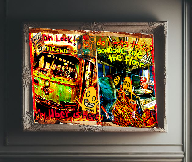 2. uber-nemrit-interior.jpg — Abandoned train chaos, surreal humor, bright yellows and greens, punk digital art..png