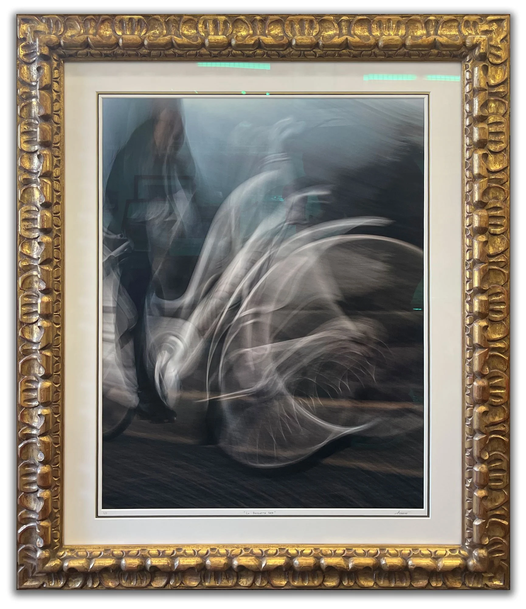 Large-format LightJet photograph titled “La Bicicletta,” framed by Andrew Legere at Legere Fine Art Services in Vancouver, Canada, using an antique gold-leaf frame and custom archival mat for exhibition and oversized framing.