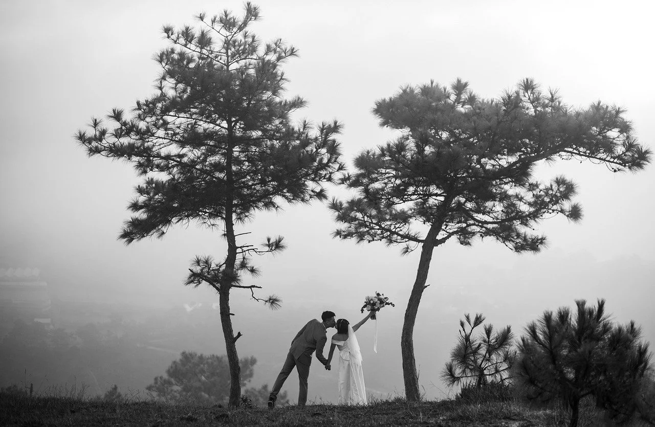 A black and white photo of a couple holding hands, with the woman holding a bouquet, standing under two large trees on a grassy hill during foggy weather.