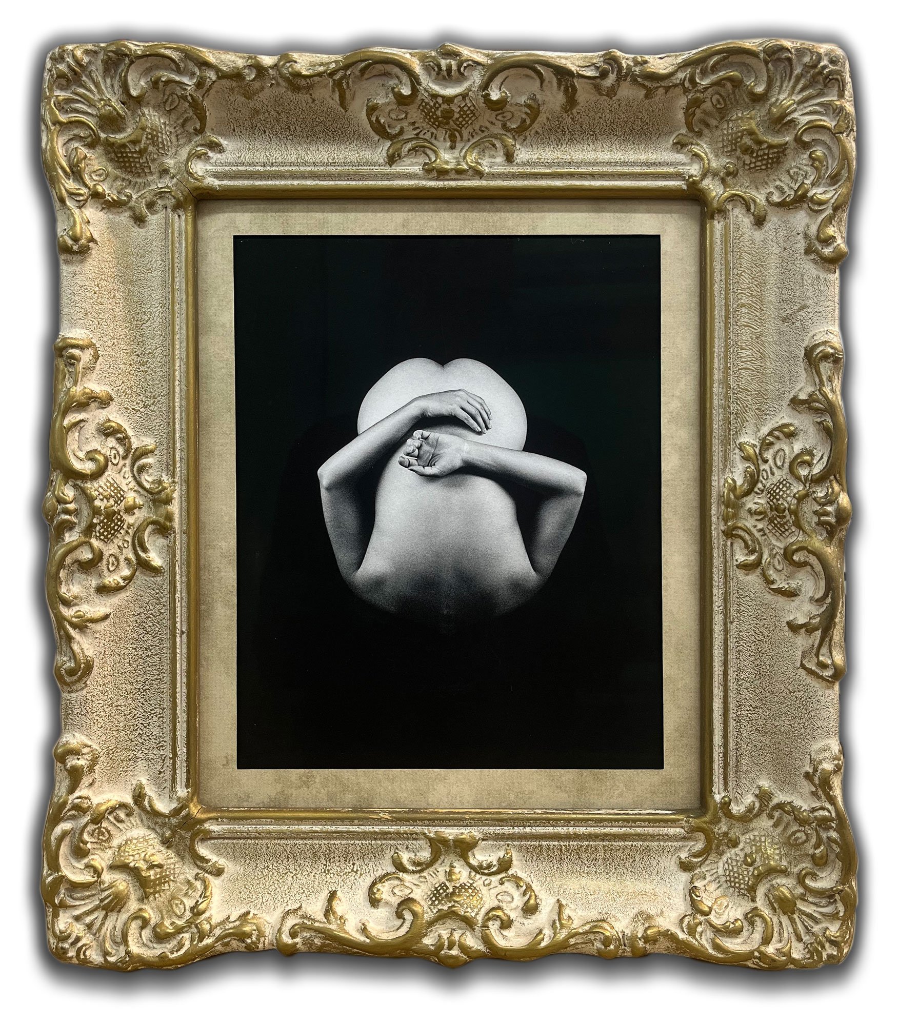 Ornate vintage frame displaying a black and white bodyscape photograph by Lucila Muriel, framed by Andrew Legere using archival and conservation methods for long term preservation.
