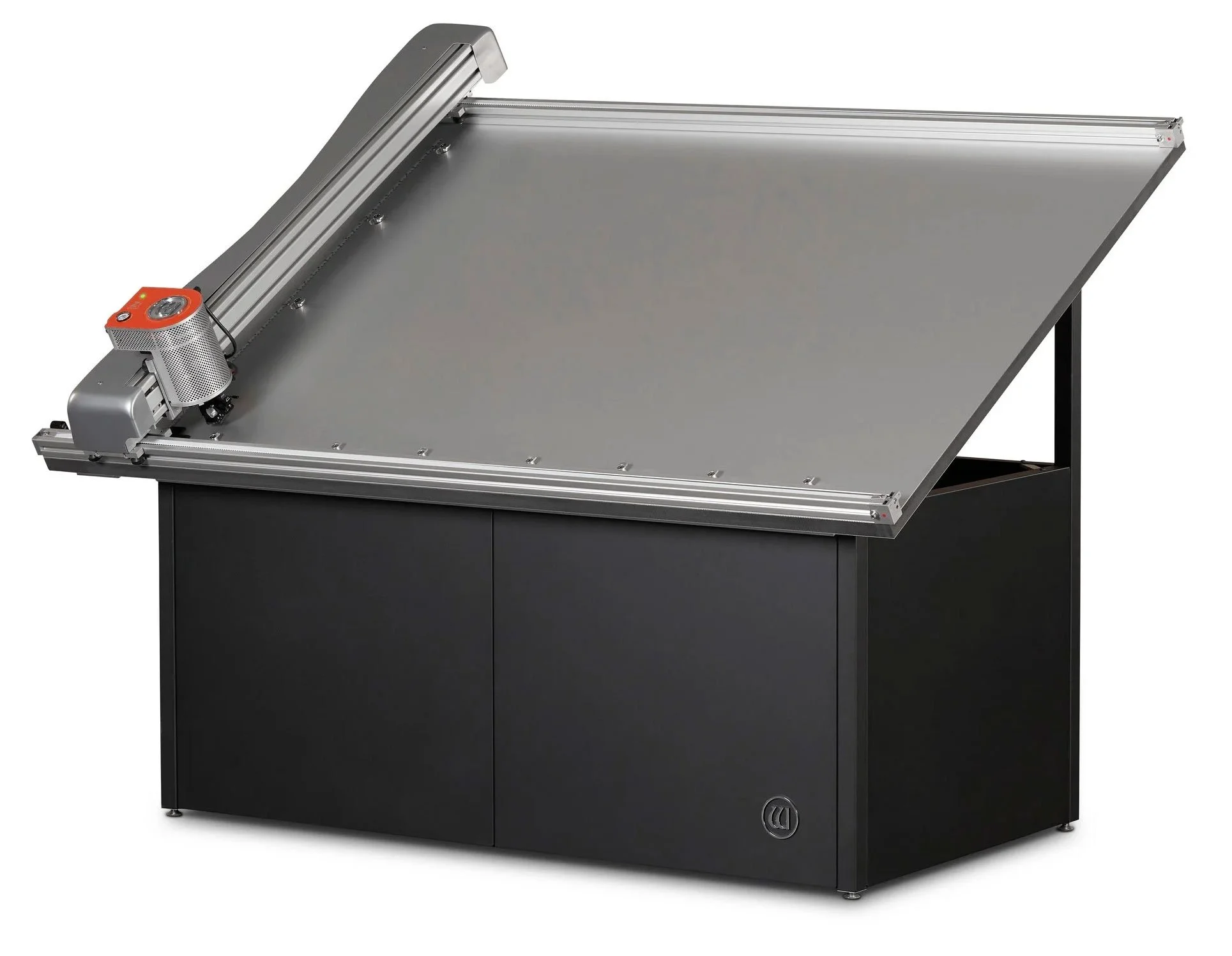 A large, industrial gray and black CNC machine or router with a flat work surface and a motorized cutting head.