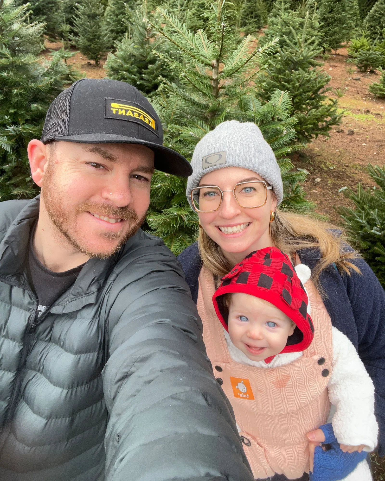 A family of three taking a selfie in a Christmas tree farm. The man is wearing a black cap and gray jacket, the woman is wearing glasses, a gray beanie, and a navy jacket, and the baby is in a peach-colored carrier with a red and black spotted hoodie.