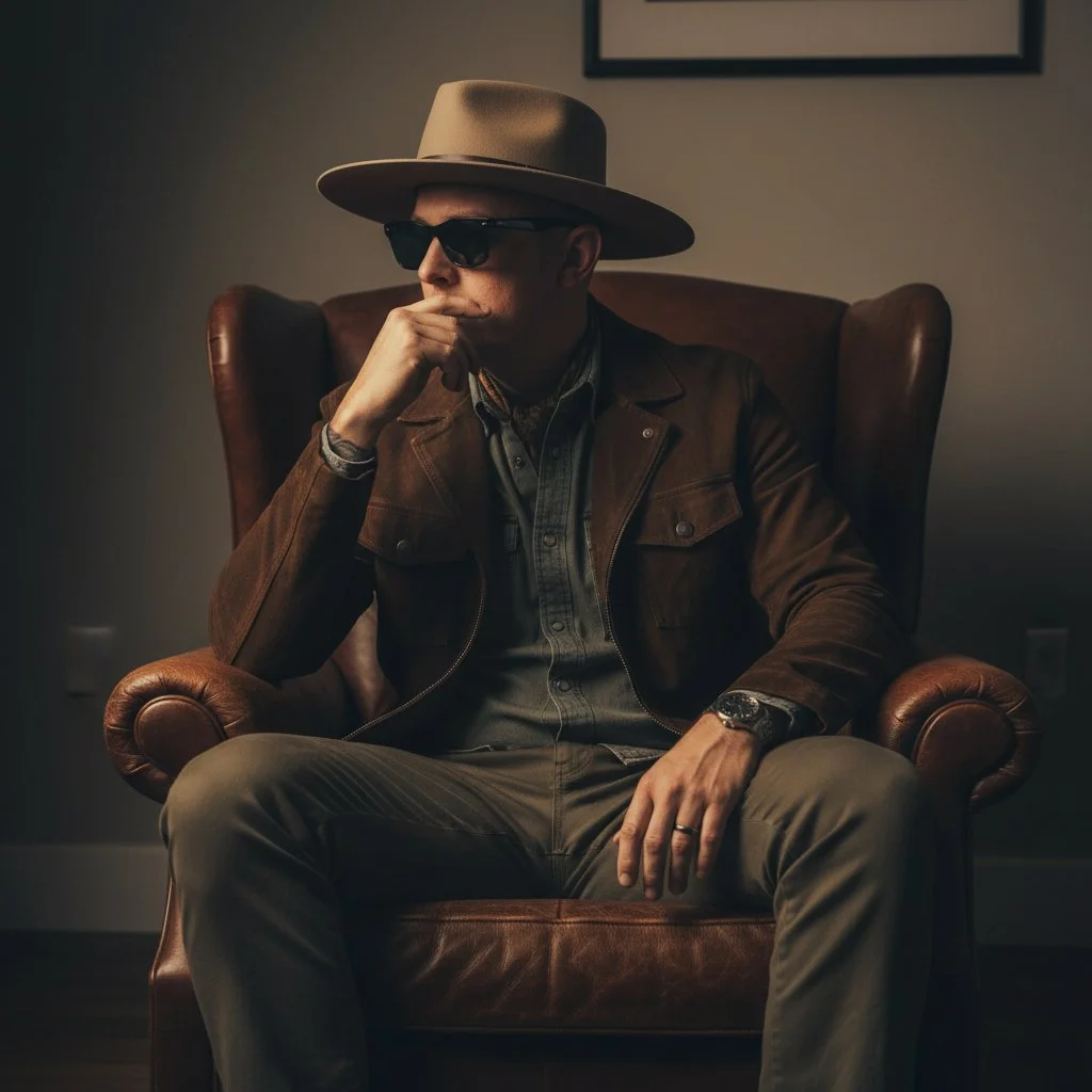 A man wearing a wide-brimmed hat, dark sunglasses, a brown jacket, and a watch, sitting in a leather armchair with one hand on his chin, in a dimly lit room.