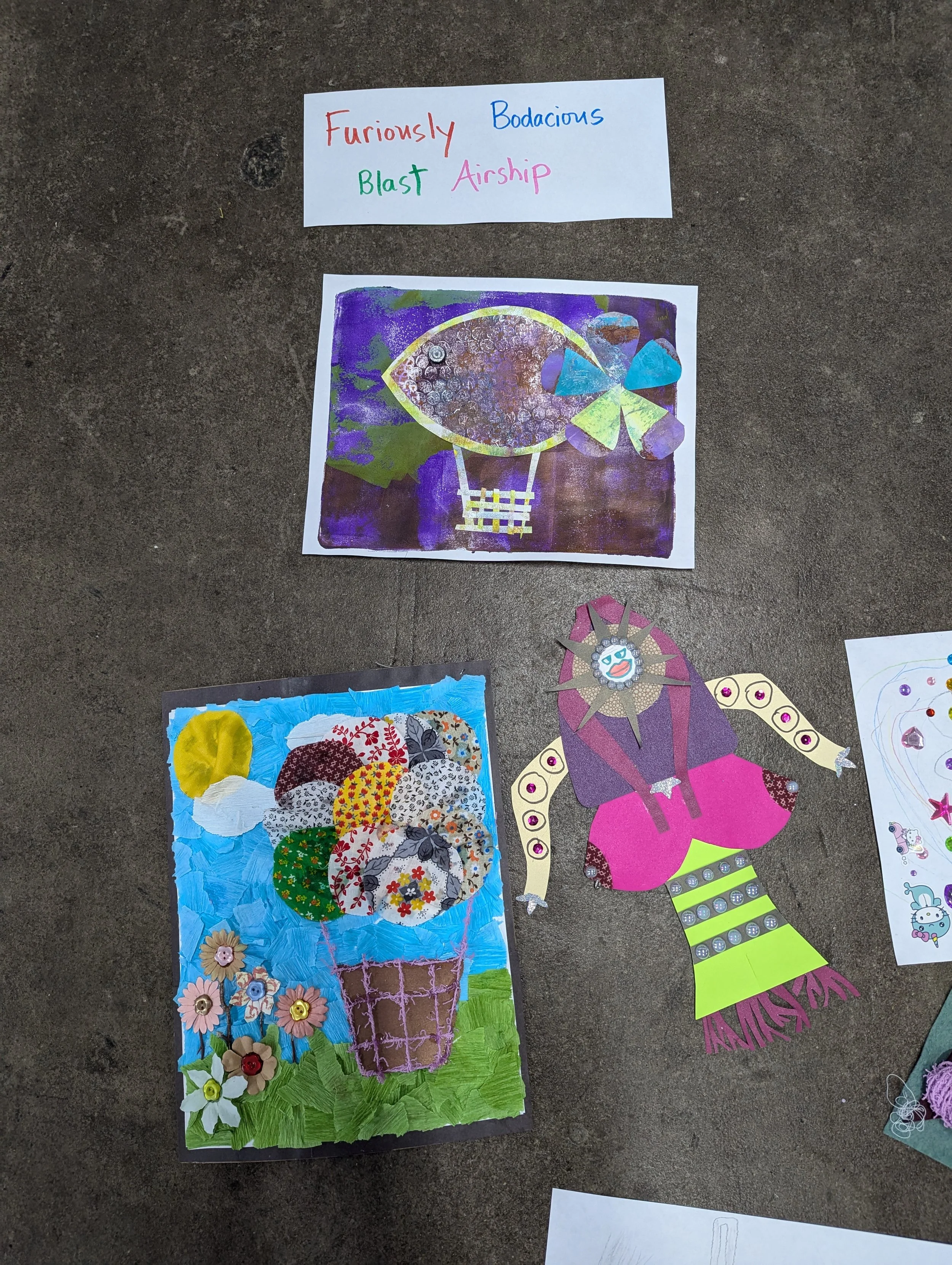Collection of colorful artwork including a collage of a fish in a potted plant, a collage of a pink character with a star-shaped head, and a mixed media collage of an ice cream cone with various fabric toppings.