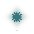 Stylized starburst shape with blue-green gradient on a light background.
