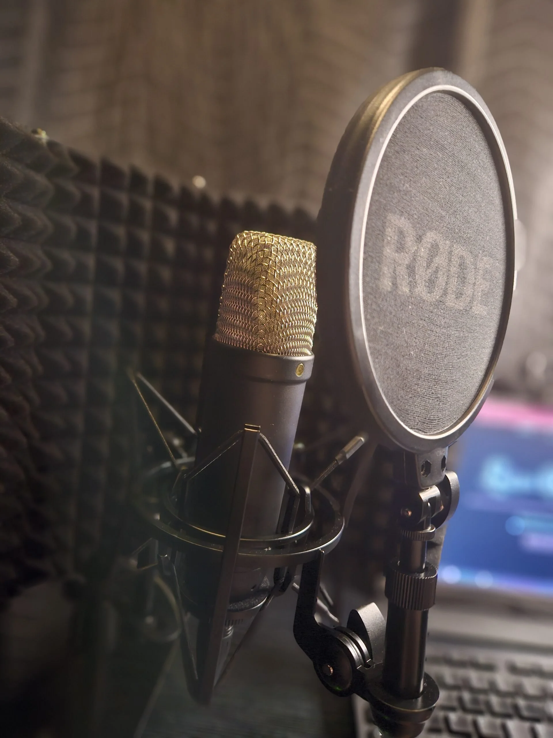 A close up of Lozza’s Rode NT1 Signature Series microphone and pop filter.
