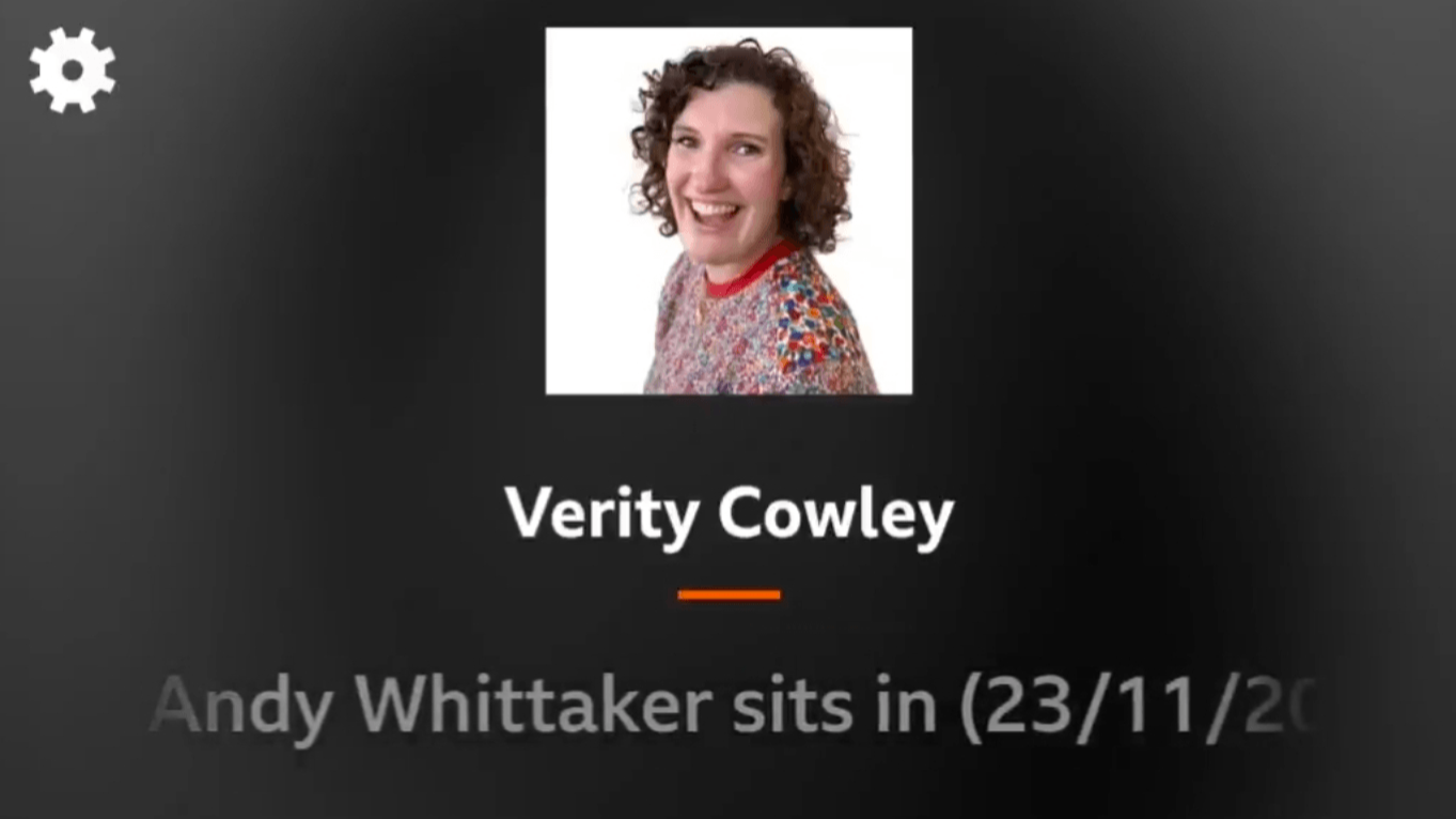 Screenshot of Verity Cowley's BBC Radio Nottingham show, on the 23rd of November 2022 it was “Andy Whittaker sits in”.