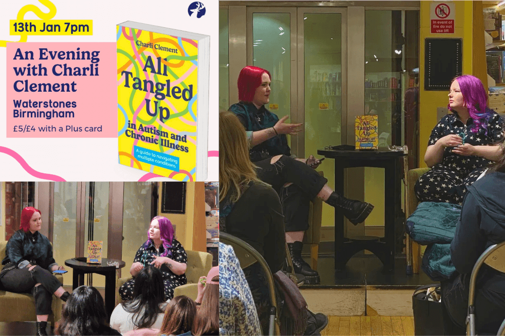 Graphic advertising “An Evening with Charli Clement. Waterstones Birmingham. 13th Jan 7pm.” Next to this are 2 photos of Lozza and Charli talking on stage at the event. 