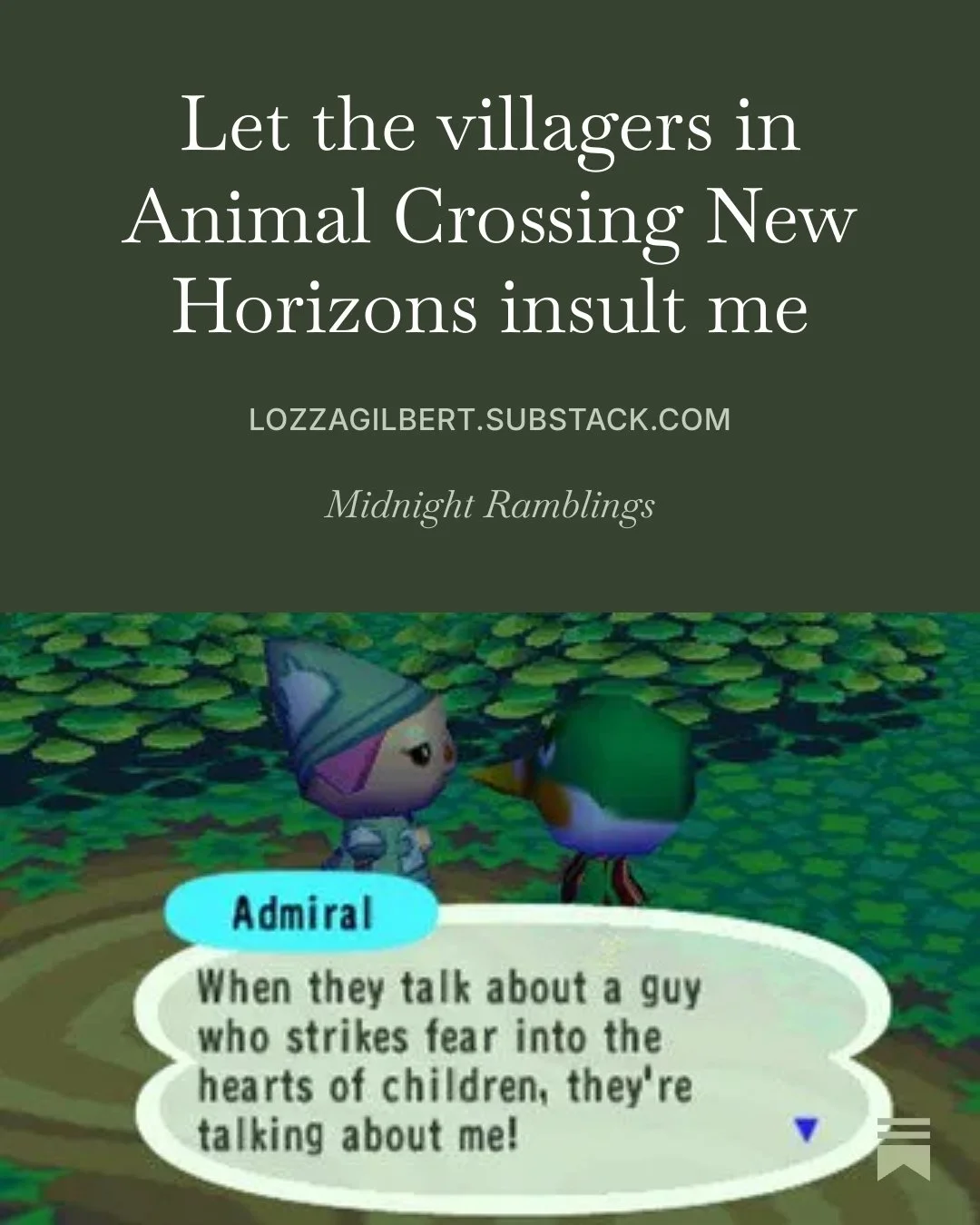 Substack article titled “Let the villagers in Animal Crossing New Horizons insult me”