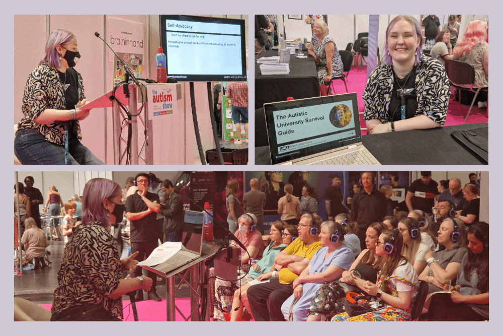 Collage of photos of Lozza with light purple hair and wearing a mask with a see through panel at the front. They're seated while delivering their talk to a large audience who are listening via headphones, then they’re at a desk smiling.