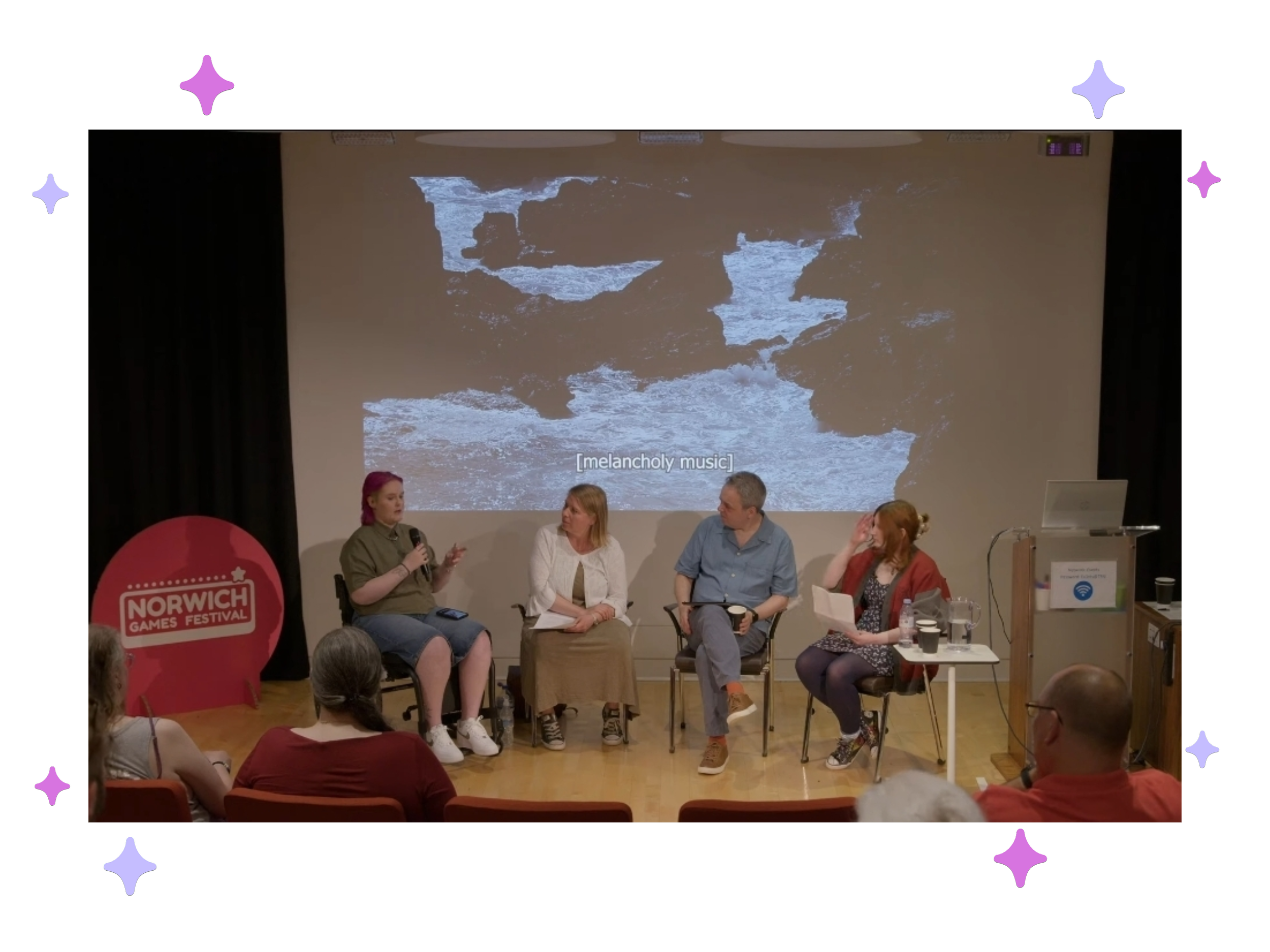 Lozza, Katie, Brendon and Jess speaking on a panel at Norwich Games Festival about Rez High – a Rusty Quill audio drama