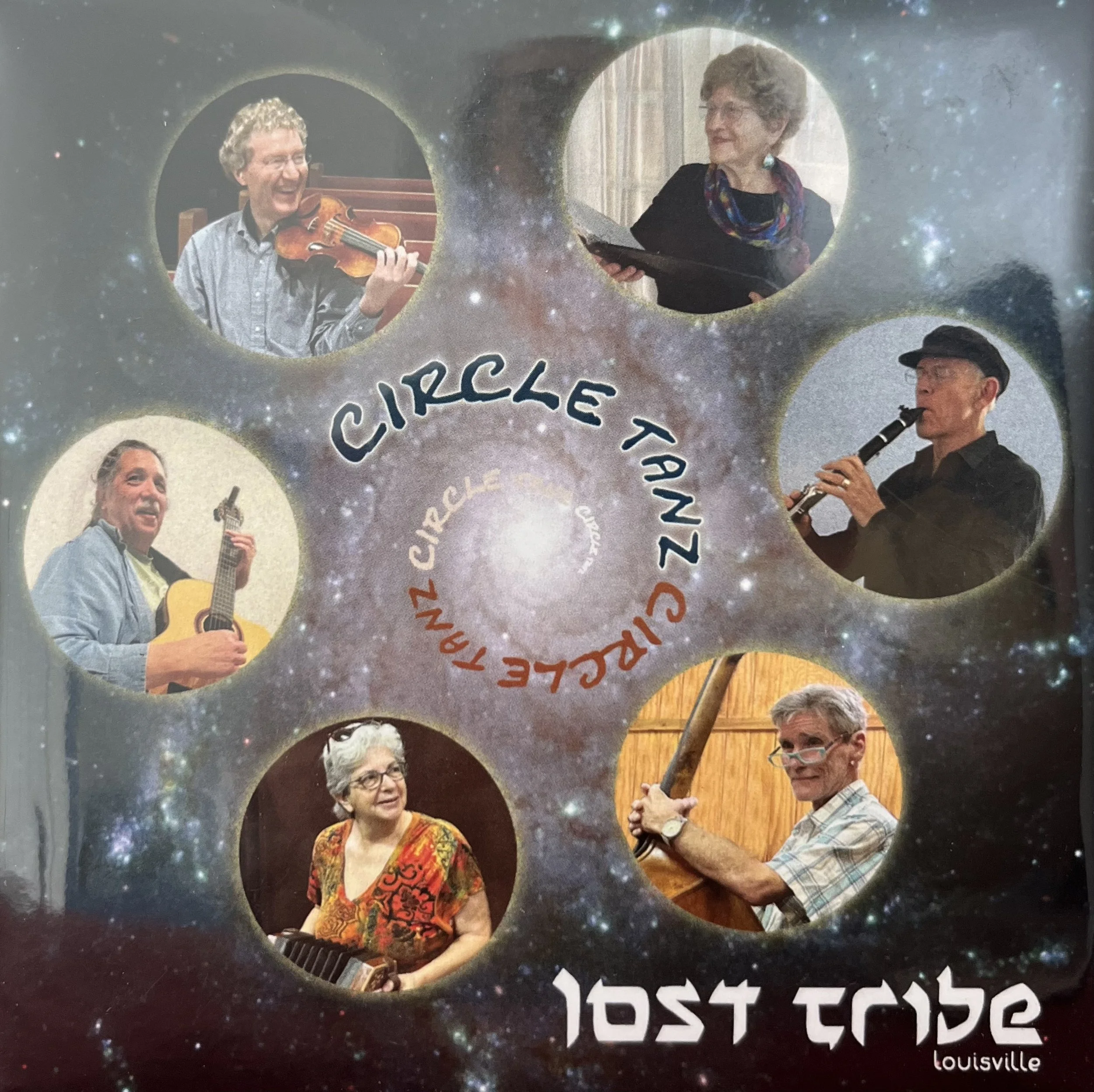 A poster for Cirque Tanz Circus featuring photos of six performers playing various musical instruments, set against a starry galaxy background, with the circus name and location in stylized text.
