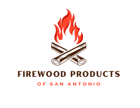 Logo of Firewood Products of San Antonio featuring stylized flames above crossed logs and brown and red text.