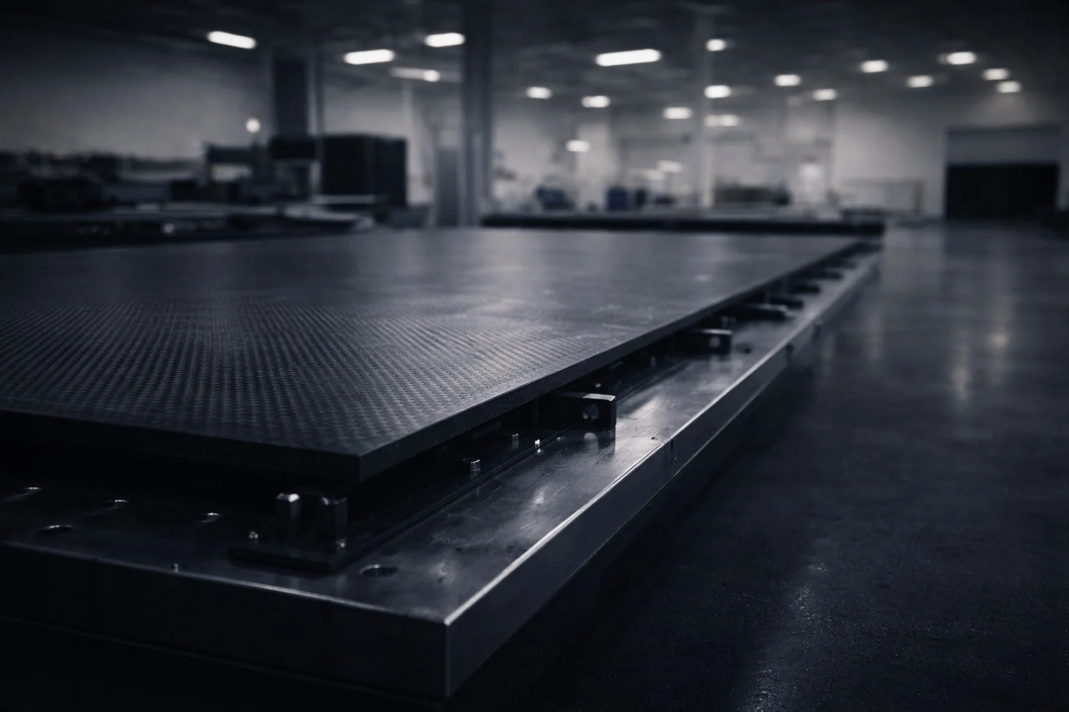 Close-up of a large, black, textured conveyor belt in a spacious industrial warehouse with high ceilings and bright overhead lighting.