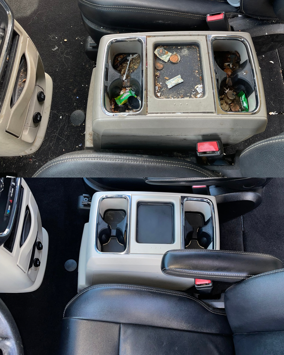 Comparison of a dirty, cluttered center console with trash and debris in a vehicle's interior and a clean, organized center console after cleaning.