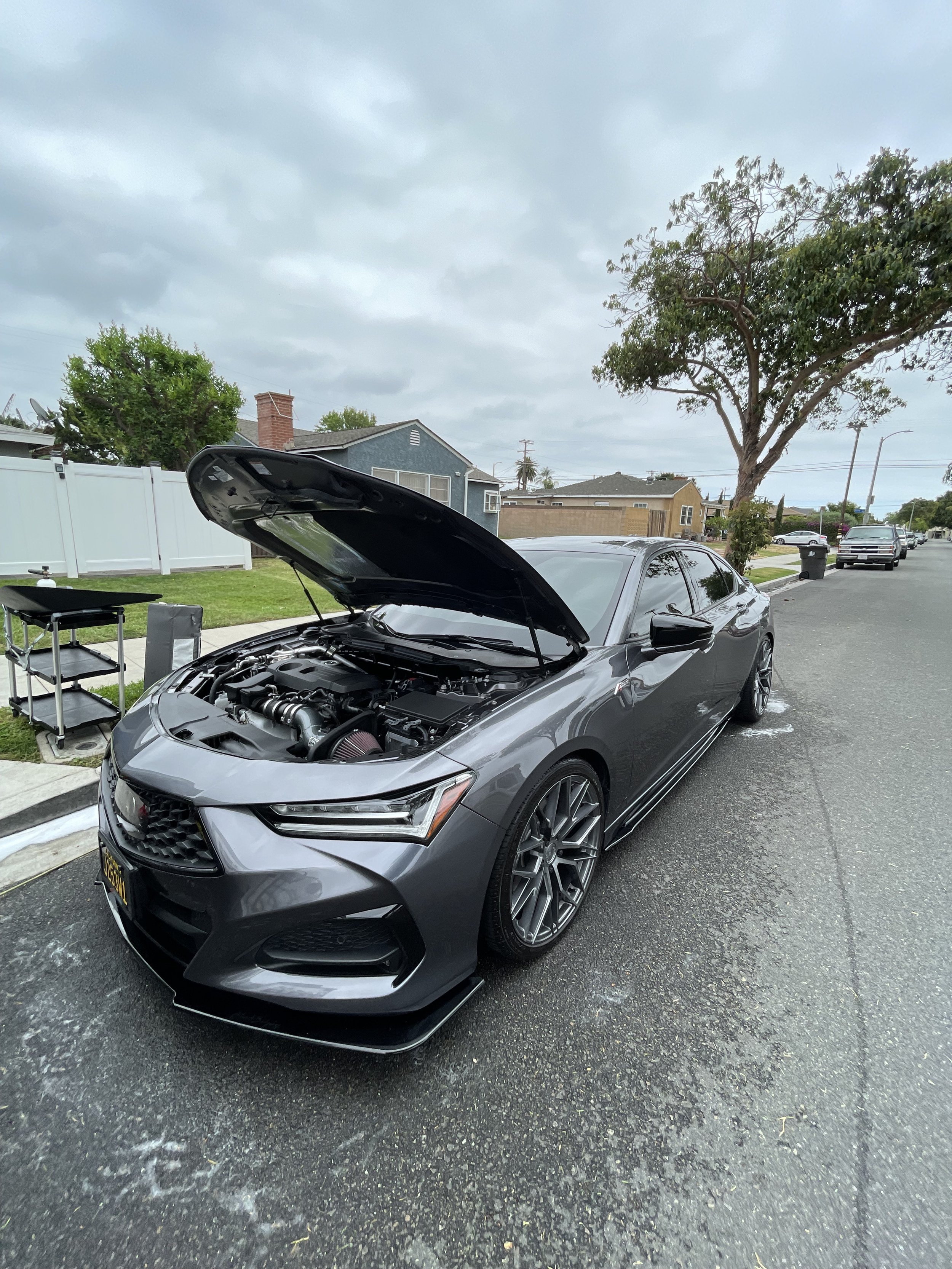 Detailed Acura with hood open showcasing a freshly cleaned and restored engine bay