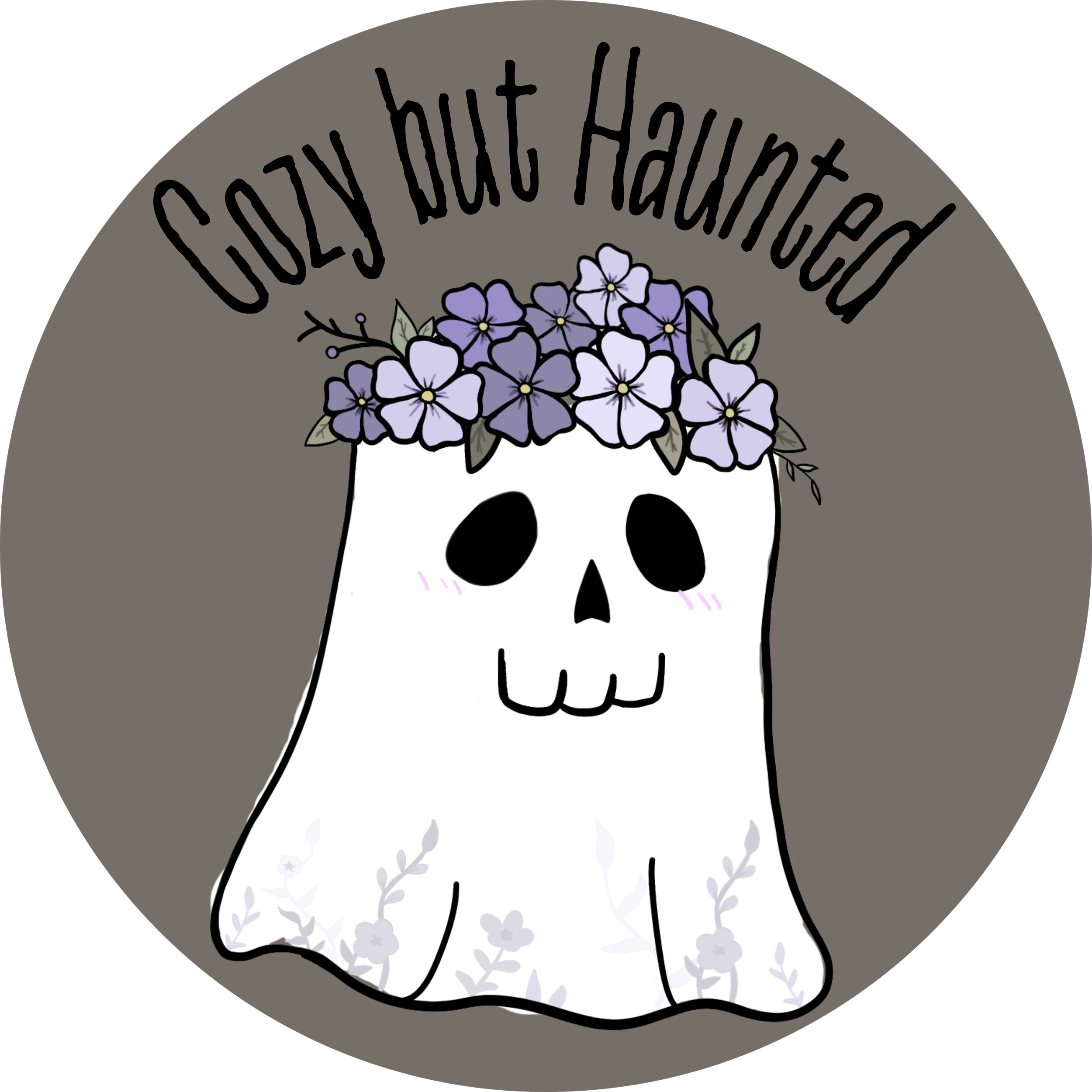 Cozy but Haunted logo featuring a white ghost with black eyes wearing a purple flower crown inside a muted taupe circle background.
