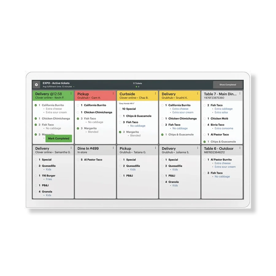 Restaurant order management system showing sections for pickup, delivery, curbside, and dine-in orders.