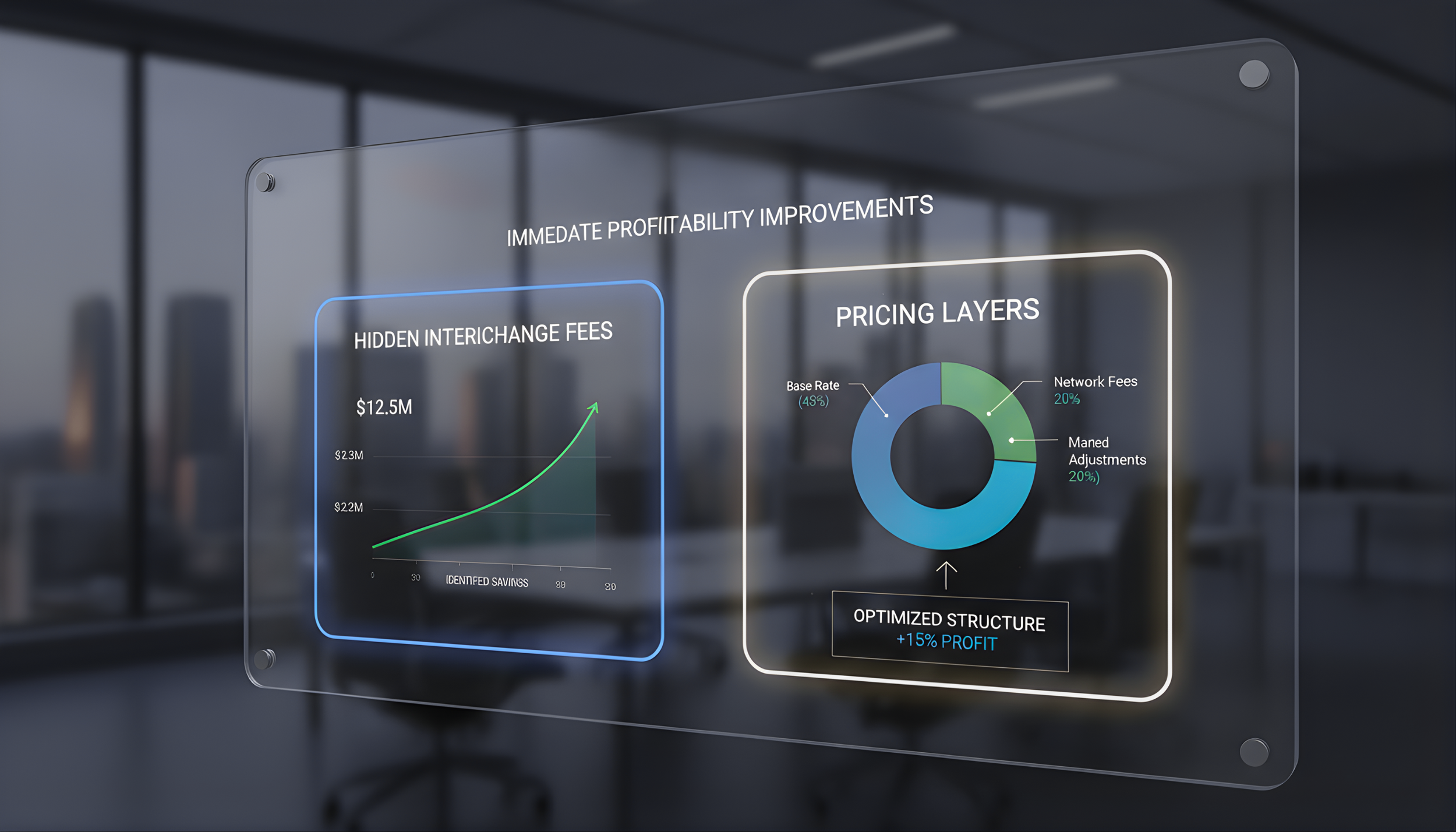A transparent digital display showing business data, including a line graph of hidden interchange fees increasing to 12.5 million dollars and a pie chart of pricing layers with net fees and adjustments each at 20%, all within a modern office with large windows.
