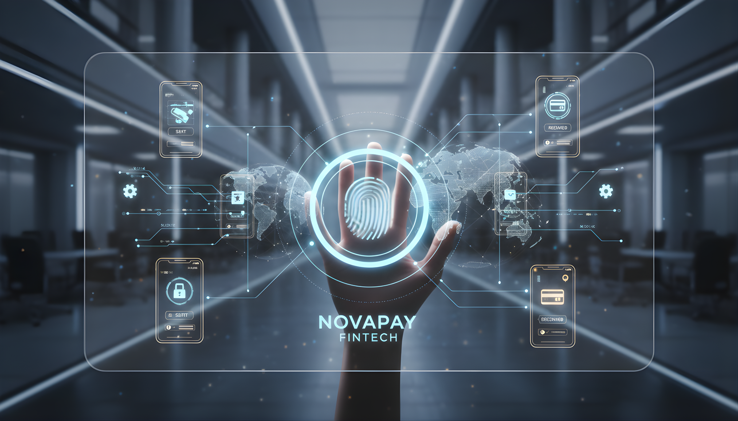 Digital graphic of a hand reaching toward a fingerprint scanner with global fintech security elements.