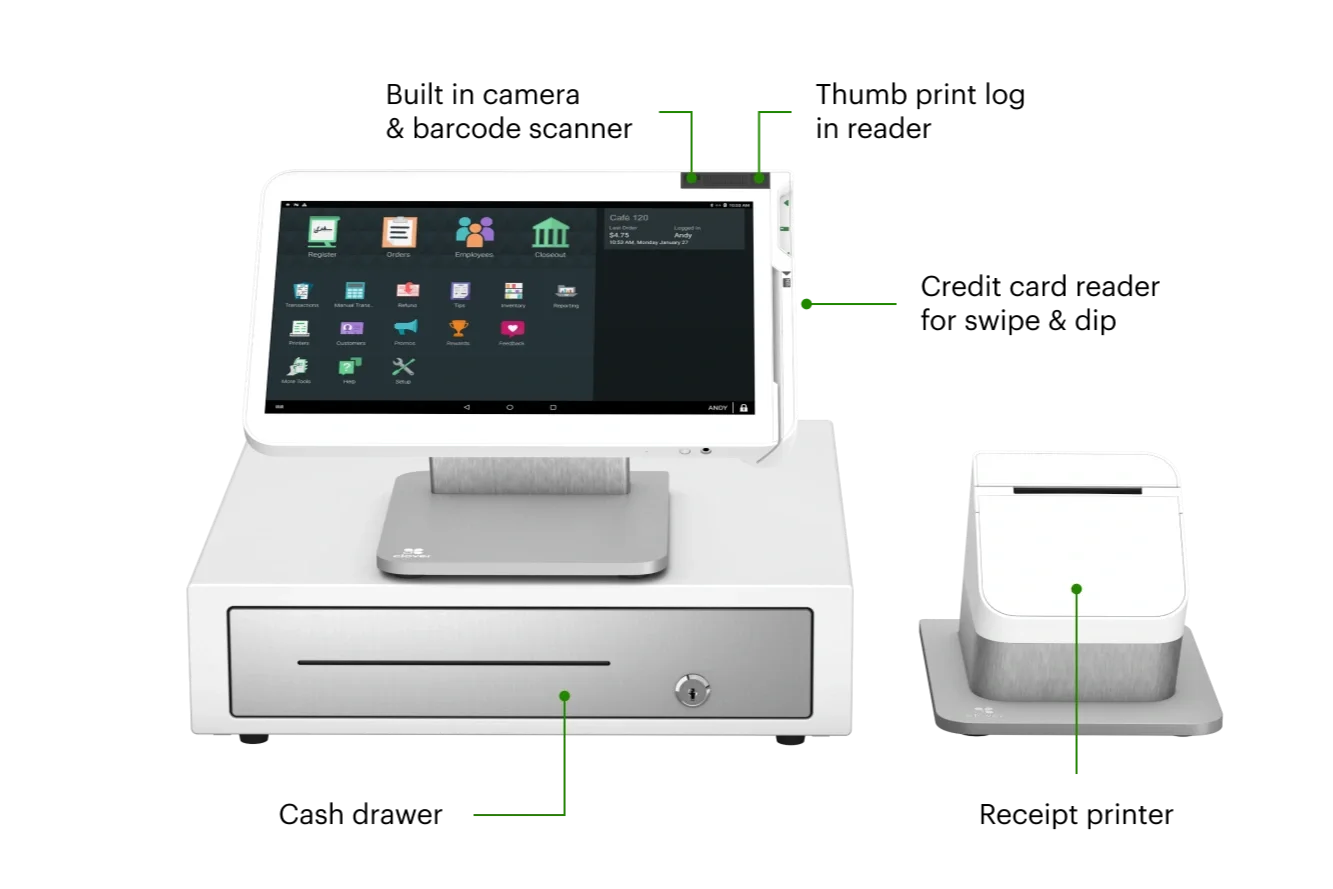 Full Clover-style POS setup including touchscreen monitor, cash drawer, and receipt printer with labeled components.