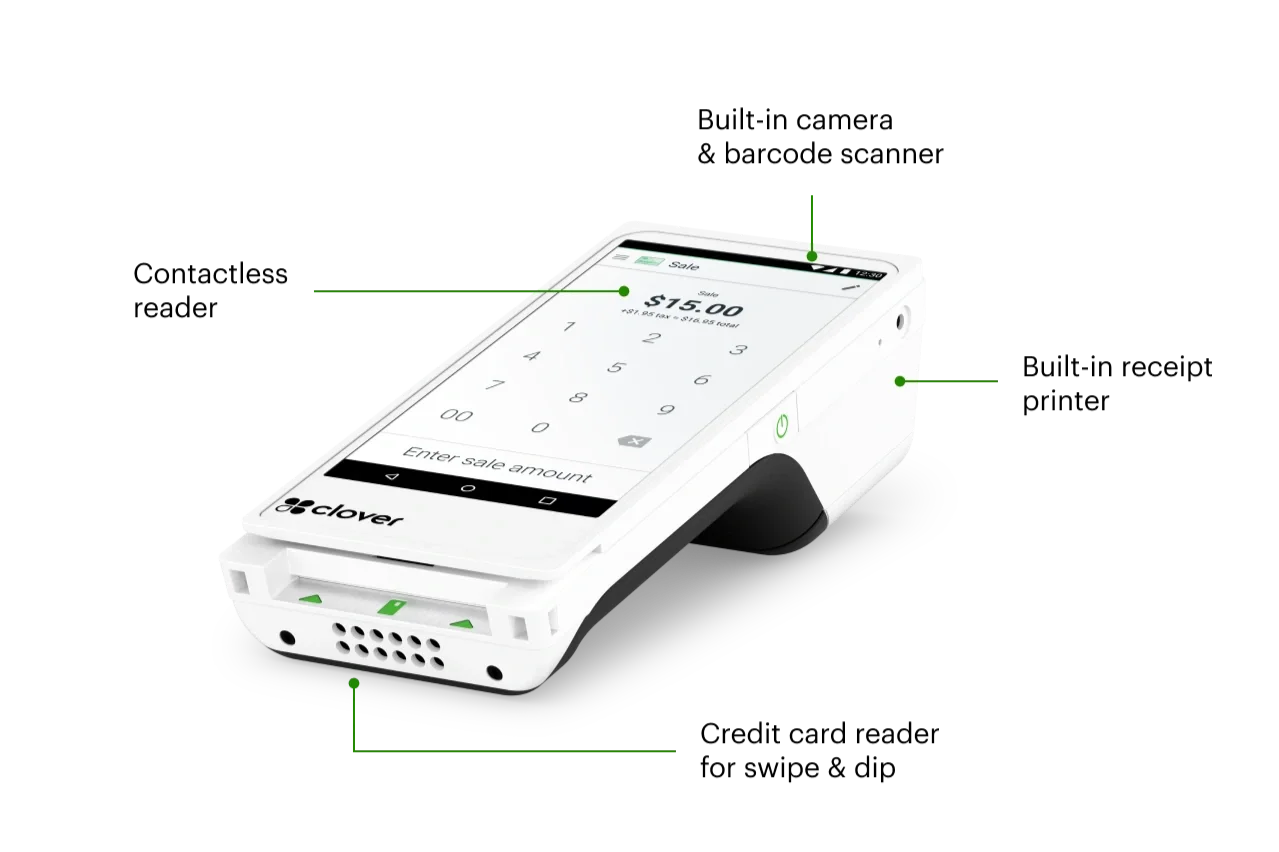 Compact electronic payment terminal  with Clover-branded touchscreen interface.