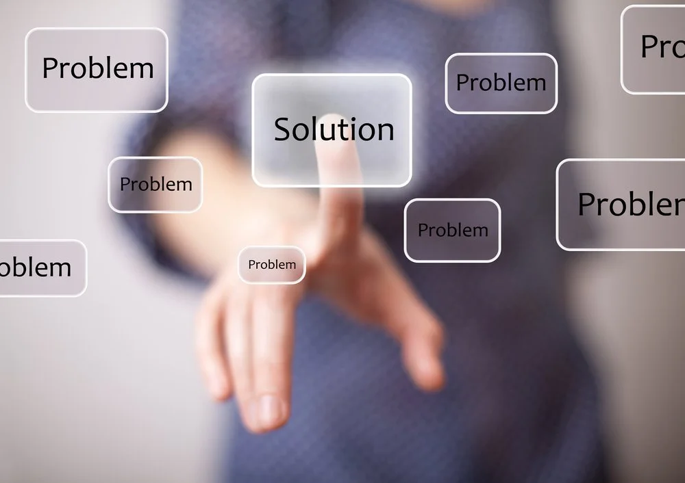 Person interacting with a virtual interface highlighting “Problem” and “Solution” options.