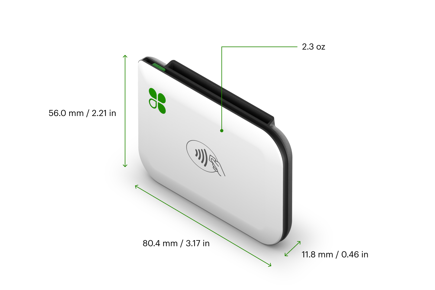 Compact tap-to-pay terminal featuring NFC contactless icon and green branding accents.