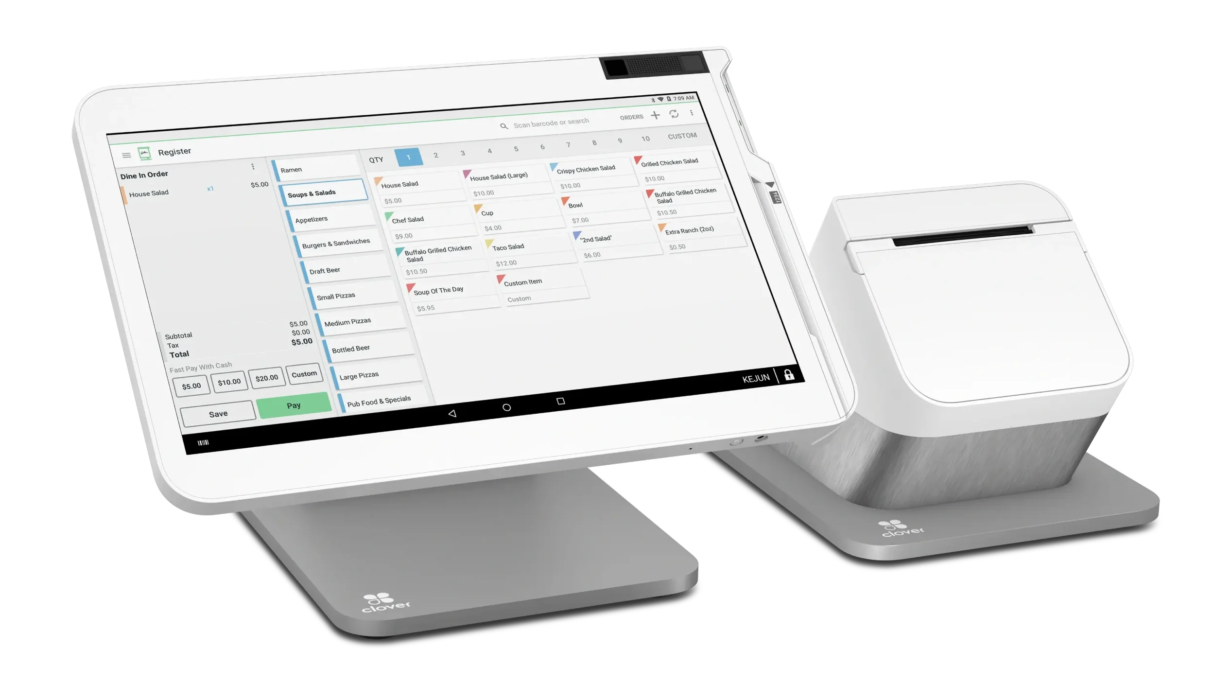Modern Clover point-of-sale system with touchscreen tablet and receipt printer used for restaurant order management.