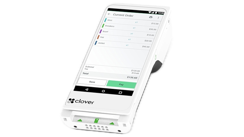 Mobile Clover POS device displaying a digital shopping cart with itemized pricing and payment options.