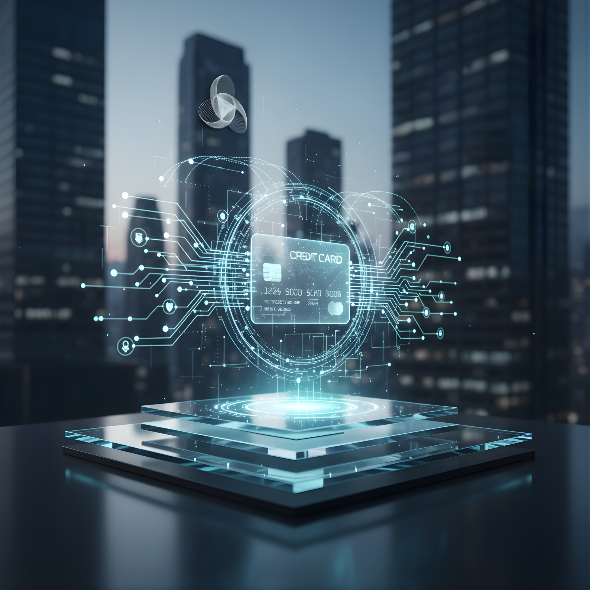 Holographic credit card projection with digital circuits hovering in front of a modern city skyline.