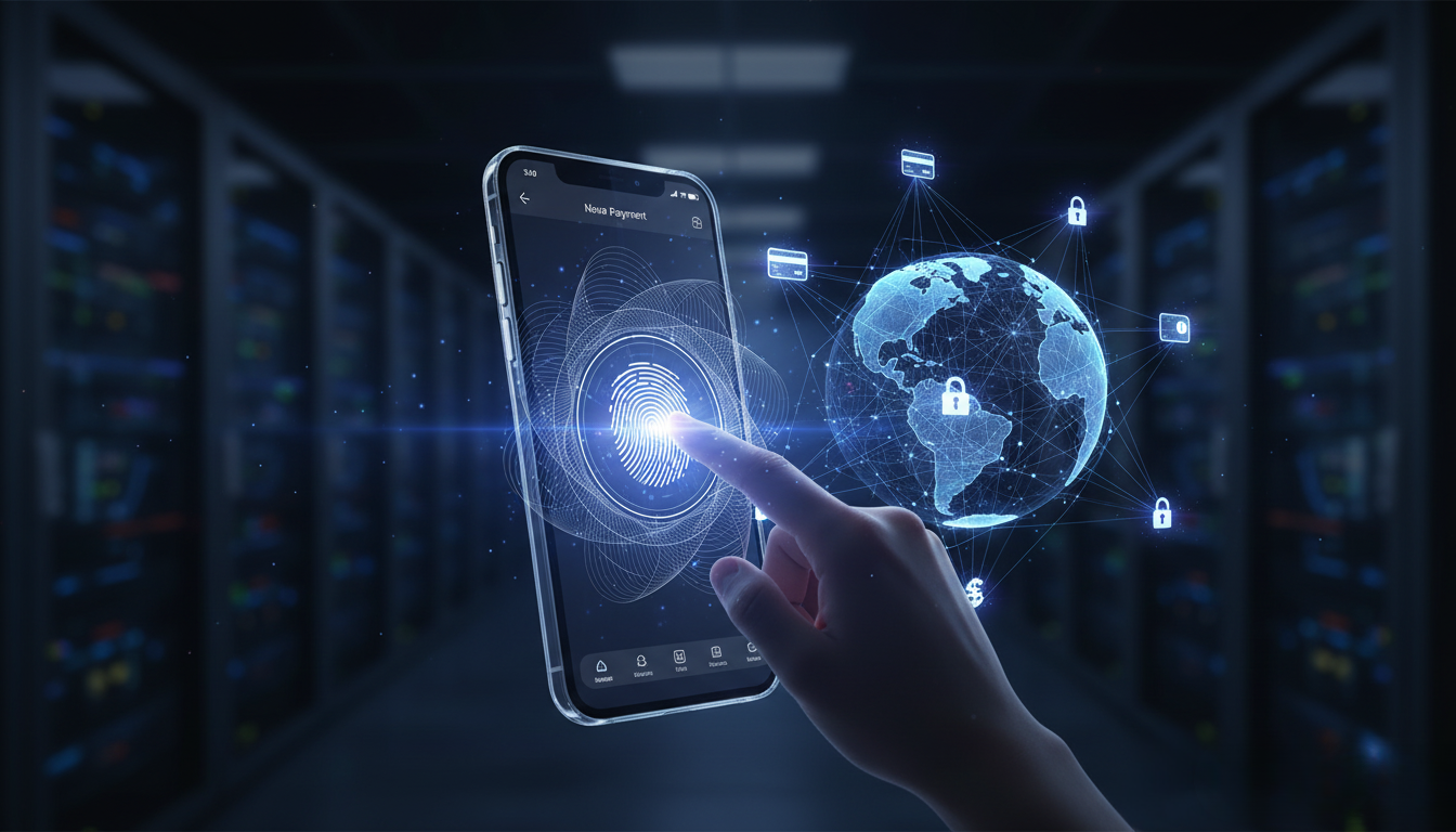 Smartphone held in a server room surrounded by holographic cybersecurity icons and global data elements.