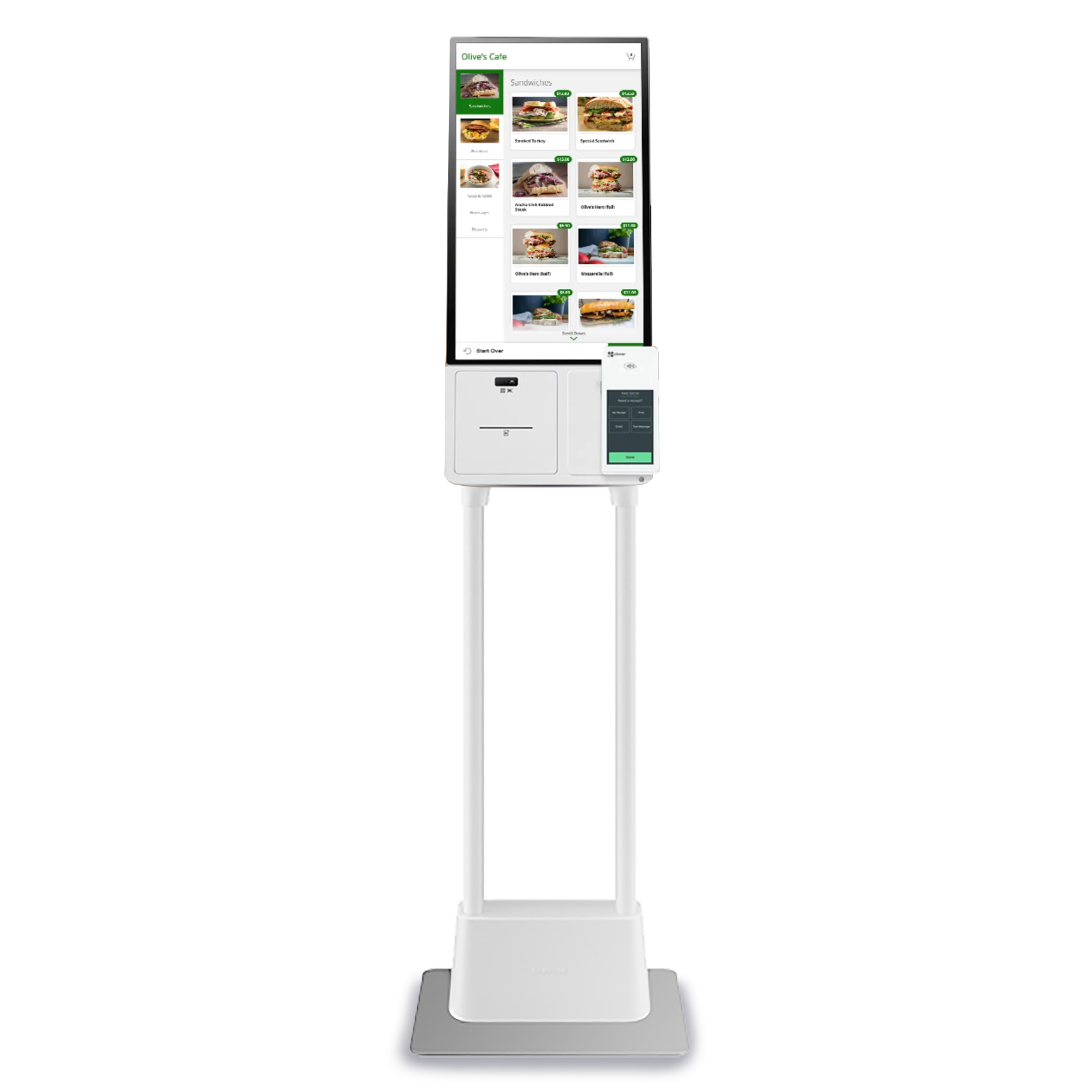 Self-service touchscreen ordering kiosk displaying café menu items and customization options.