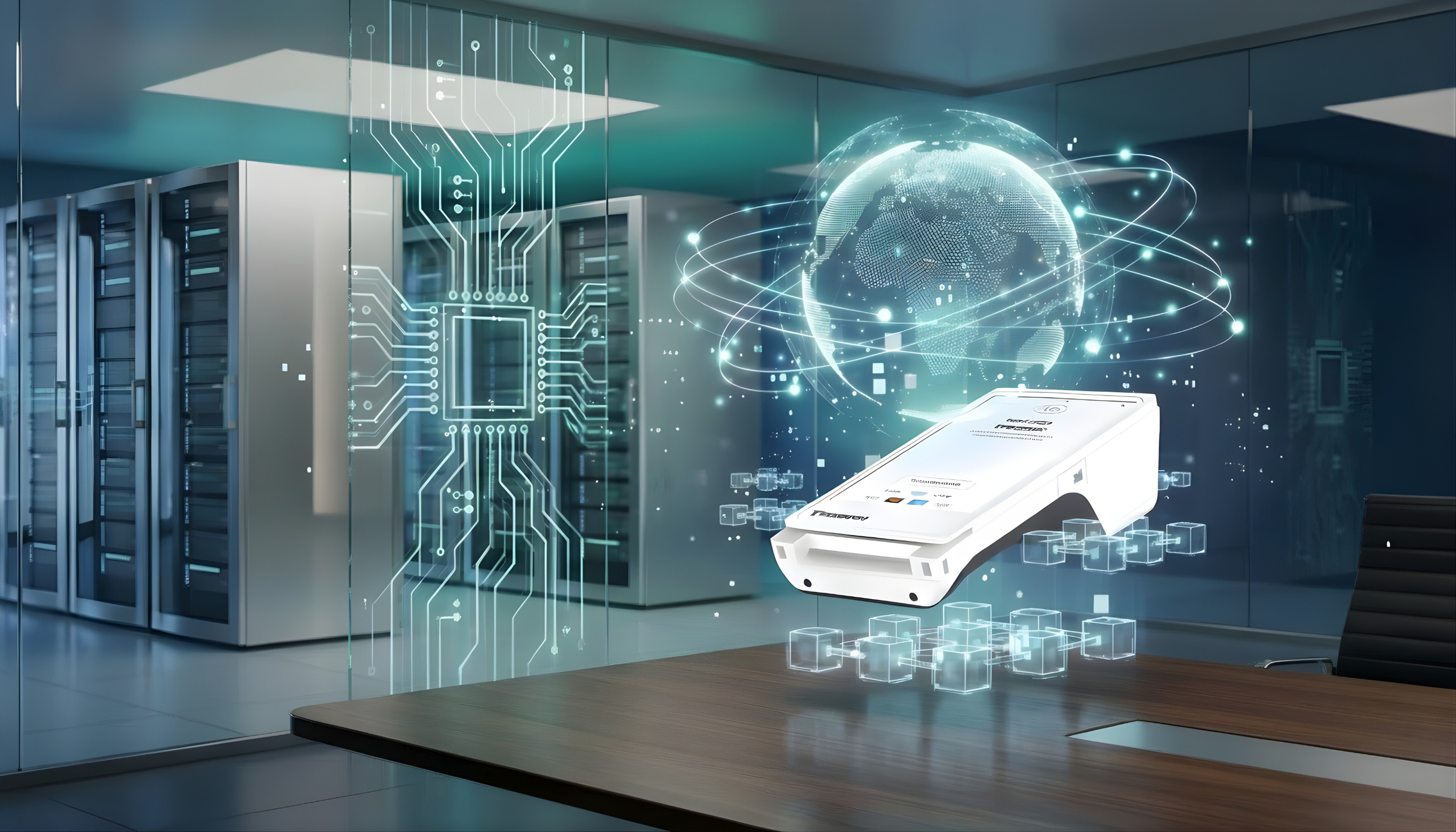 Holographic digital illustration of a server room with floating globe projection and futuristic technology elements.