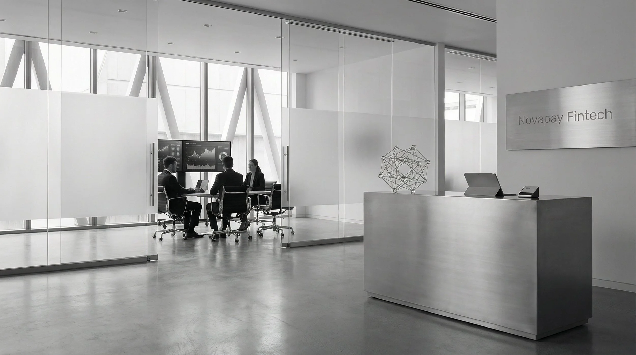 Contemporary office lobby with a meeting room displaying financial charts on monitors.