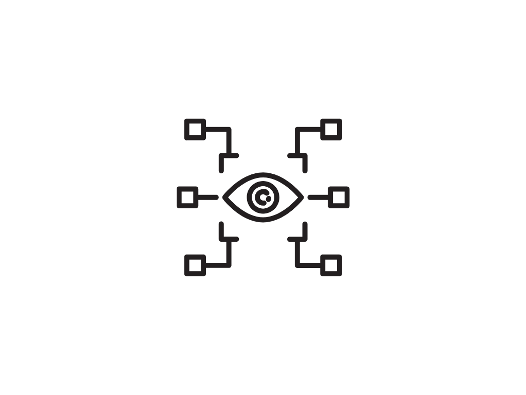Line drawing of an eye connected to multiple nodes symbolizing payment security, monitoring, and fraud protection.