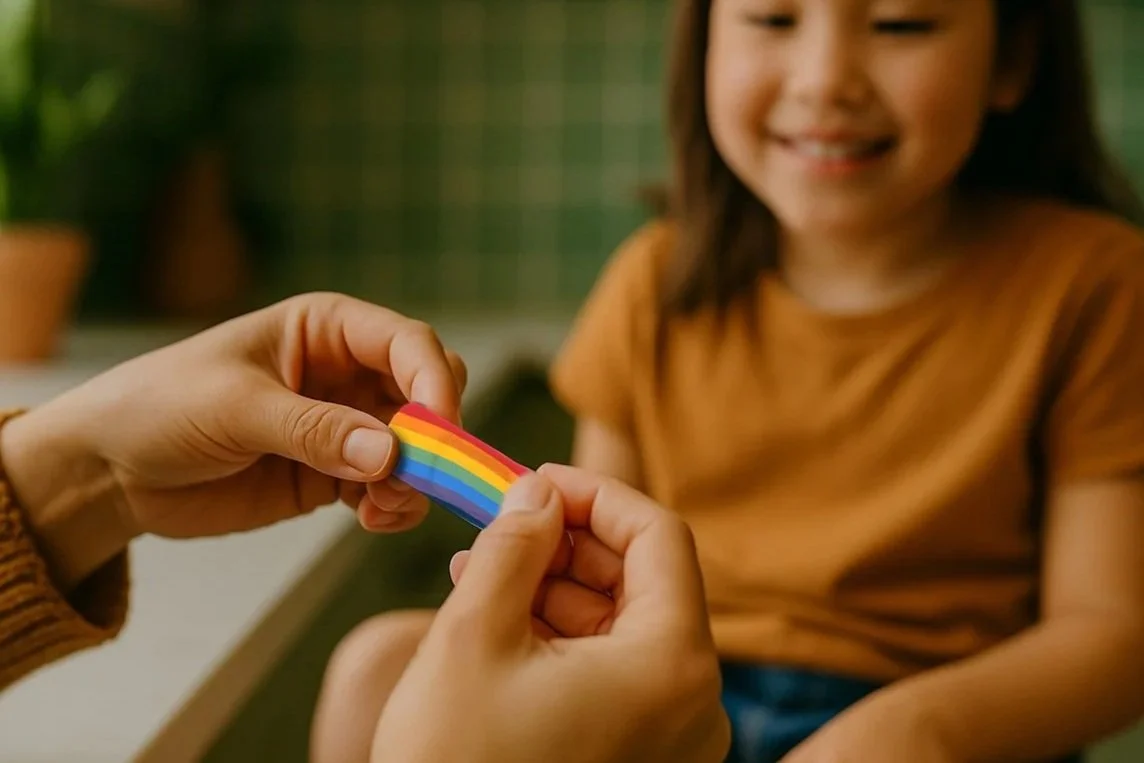 Person holding a rainbow-colored bamboo fabric bandage in front of a smiling girl in a brown shirt.