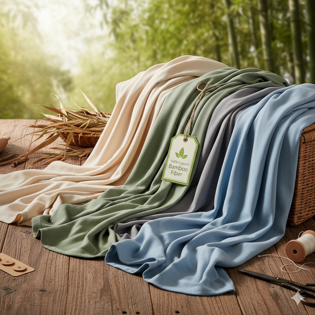 Colorful fabrics made from 100% organic bamboo fiber draped over a wooden surface with a blurred green bamboo forest background.