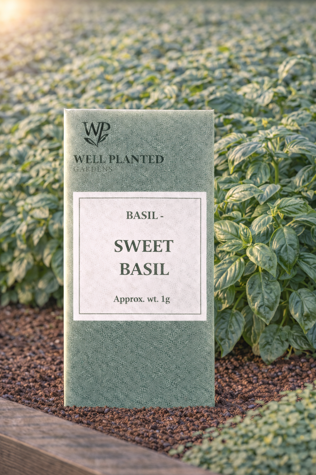 Sweet basil seed packet in a garden bed.png