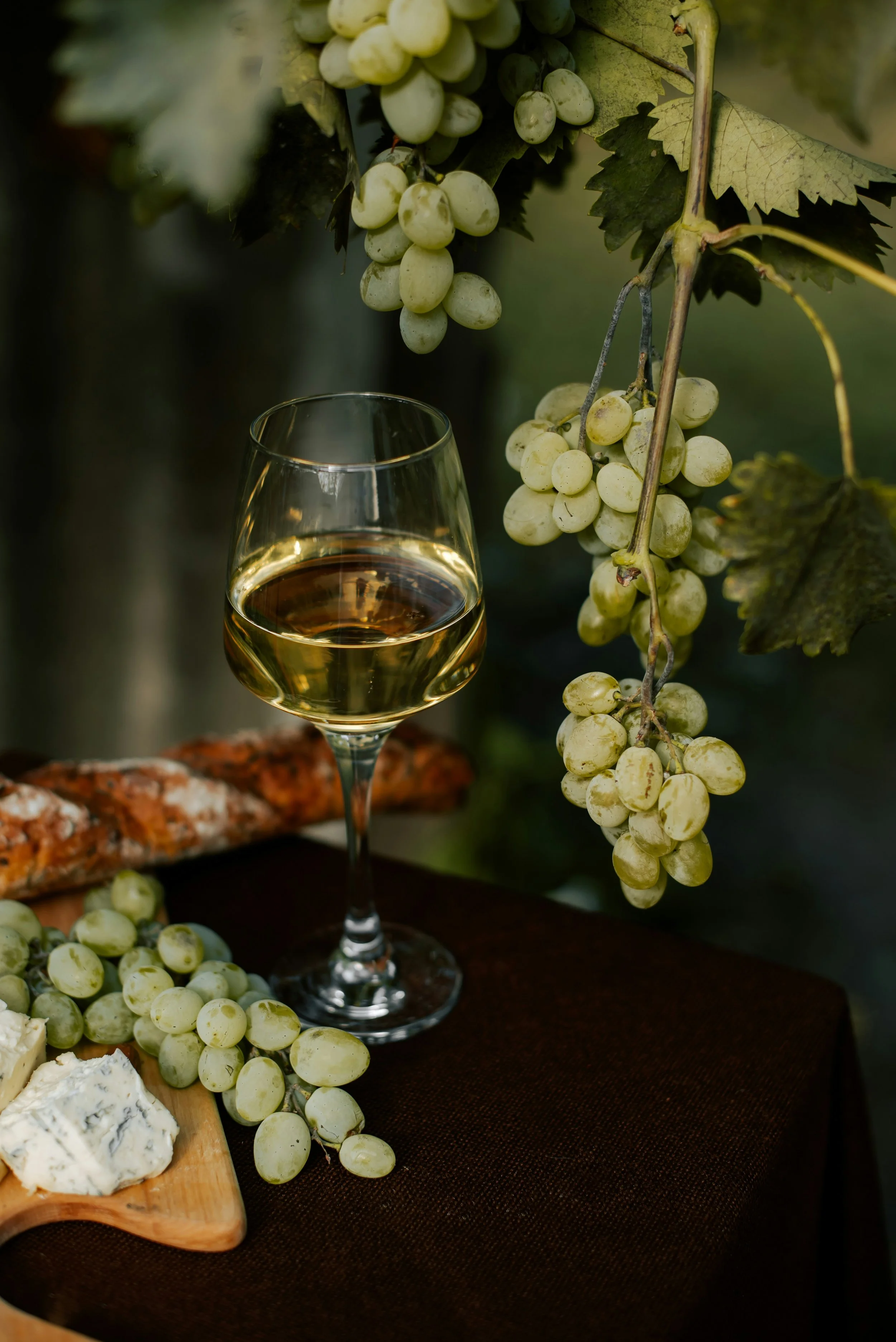 A glass of white wine placed near bunches of green grapes with cheese on a wooden platter and sausage in the background, set on a dark tablecloth.