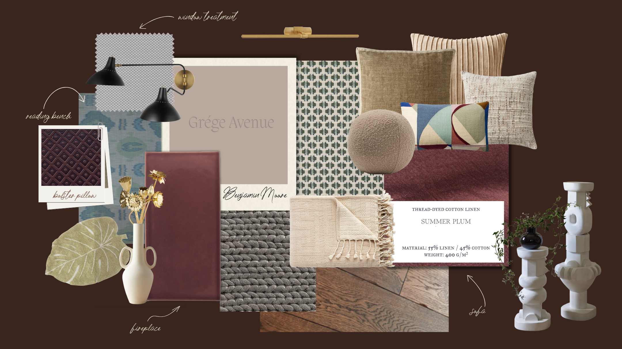 Interior design mood board featuring fabric samples, pillows, a lamp, vases, and a sofa, with notes on materials and colors like summer plum and beige.