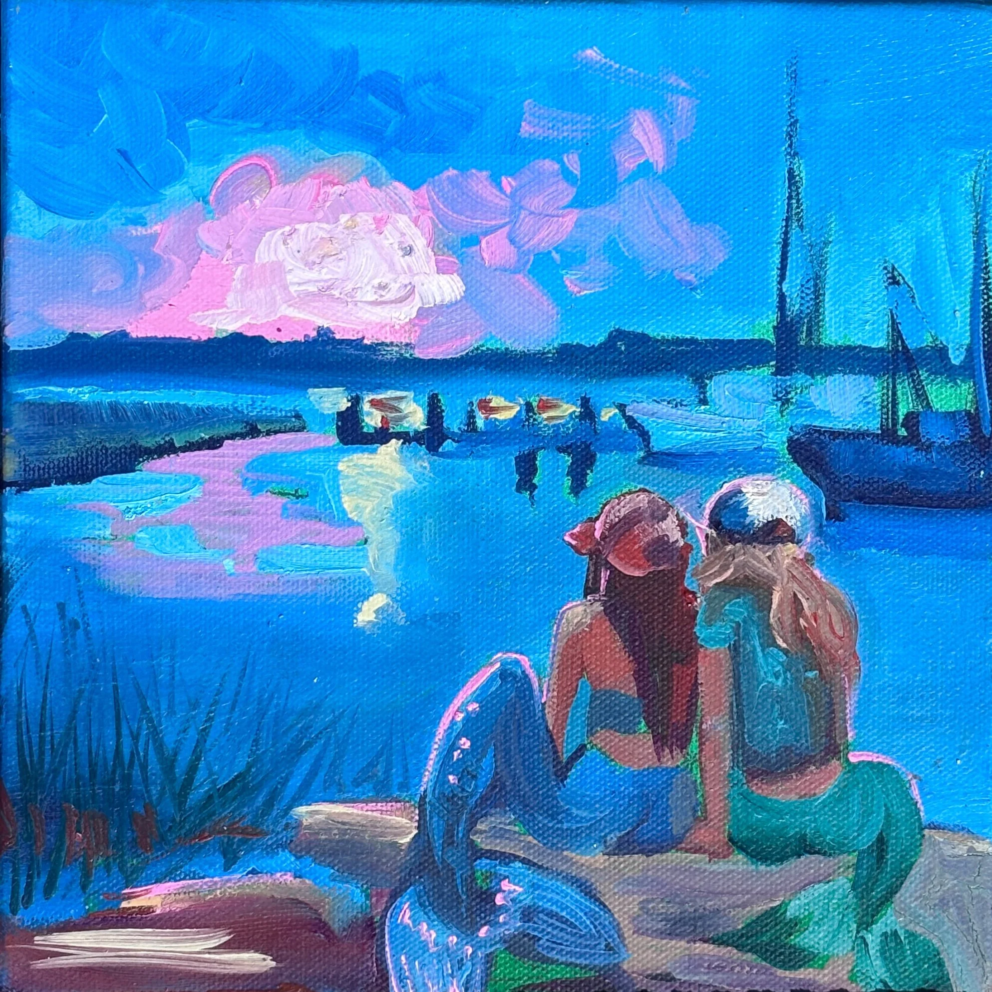 Painting of mermaids sitting on a rock and watching the sunset