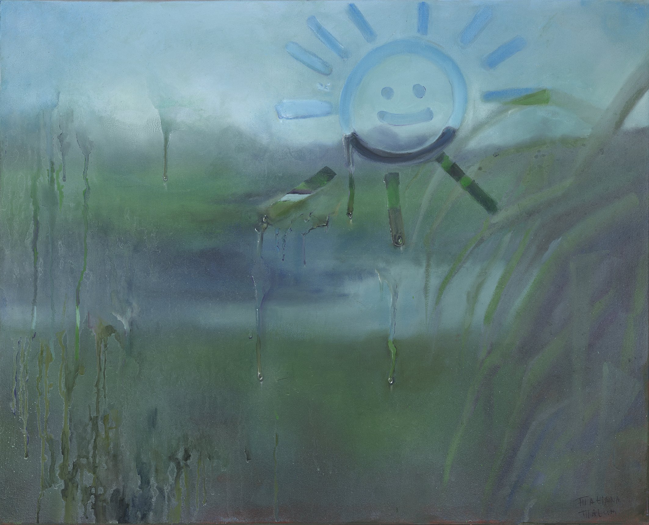 Painting of a smiling sunshine drawn in condensation on a window
