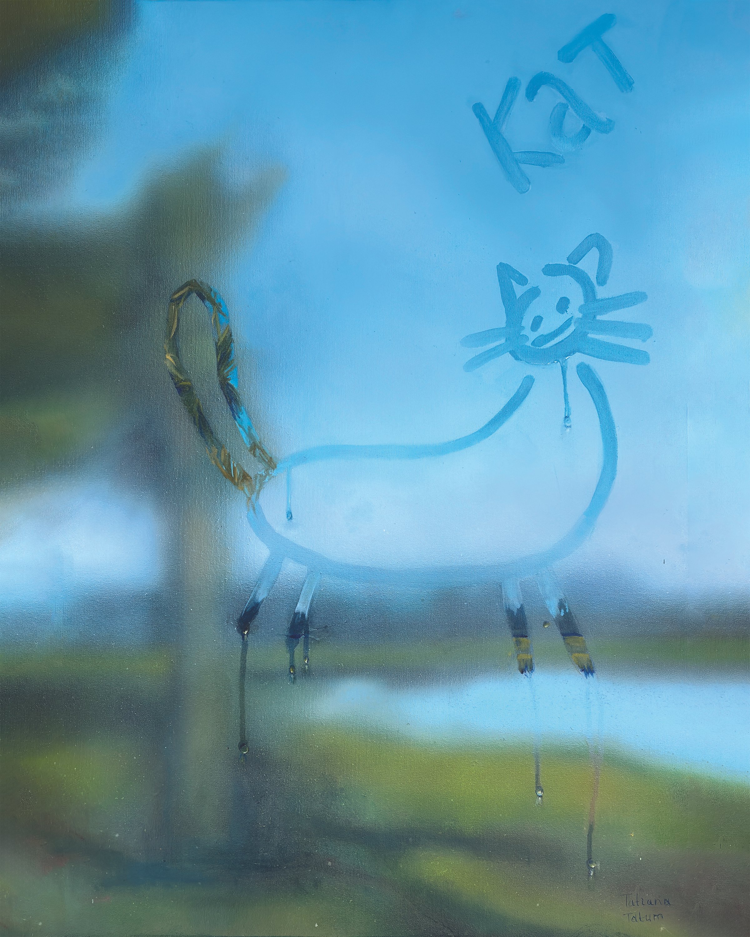 Painting of a cat drawn in condensation on the window with the word "kat"