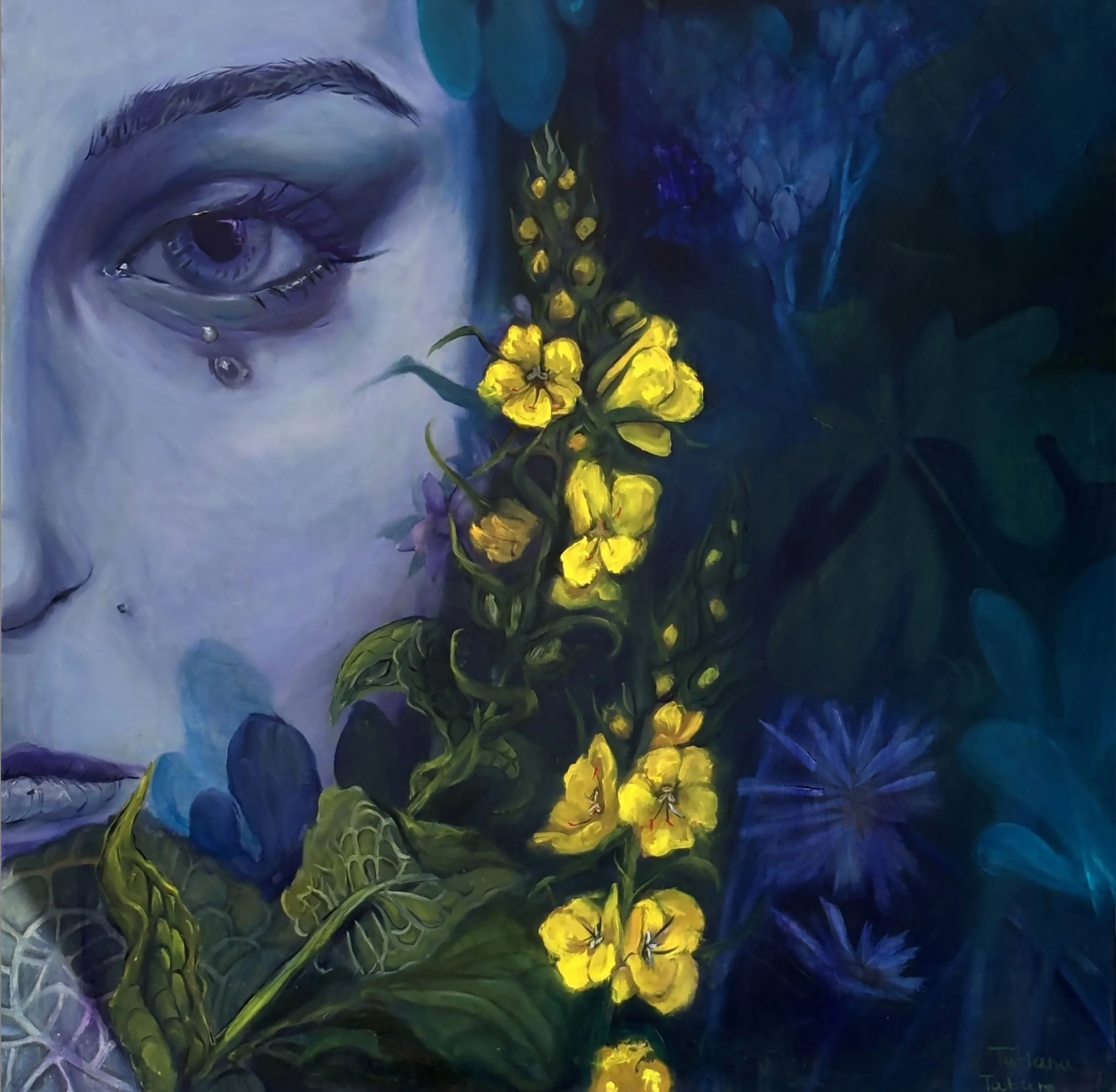 Half a crying woman's face; she is surrounded by herbs