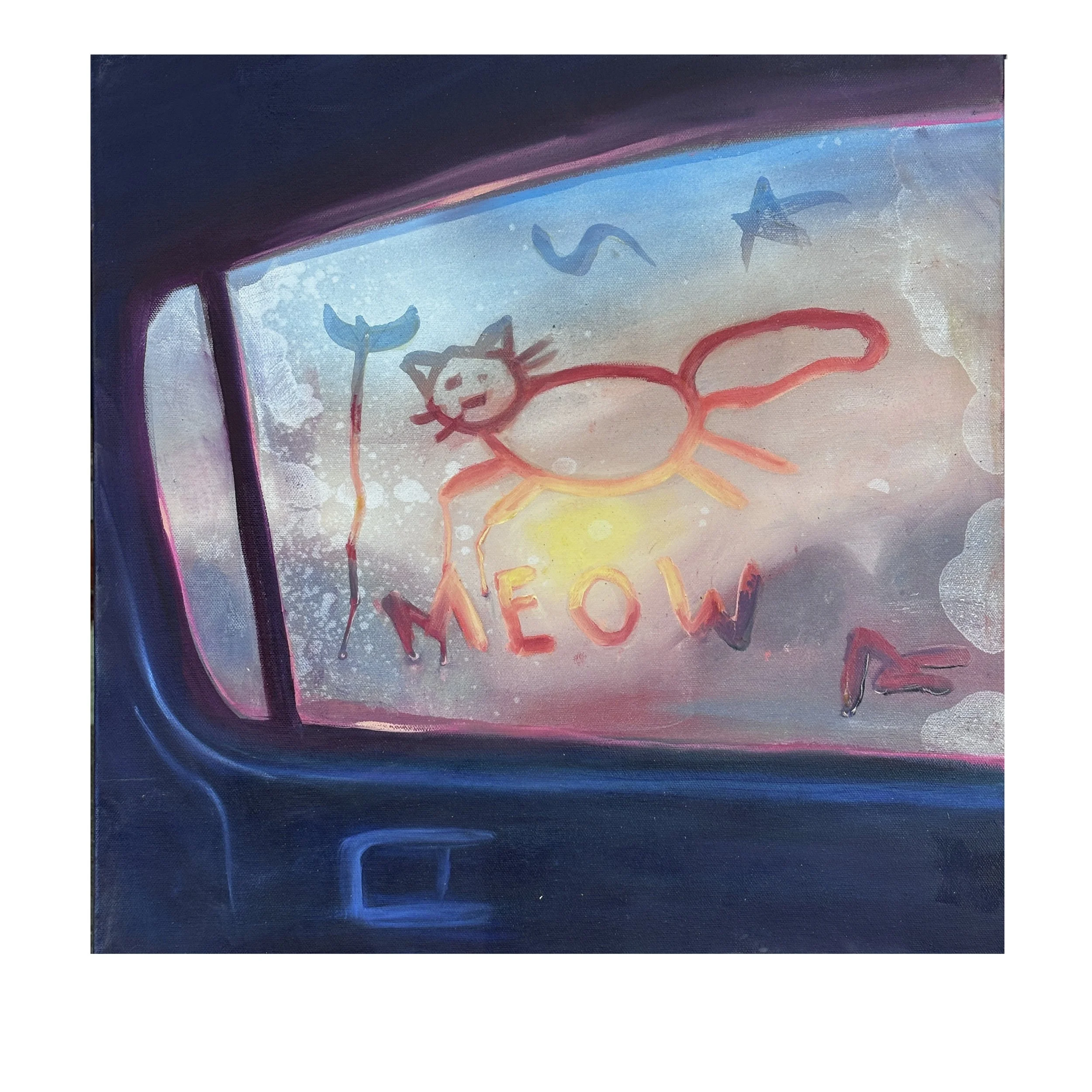 Painting of a cat drawn in condensation on a car window