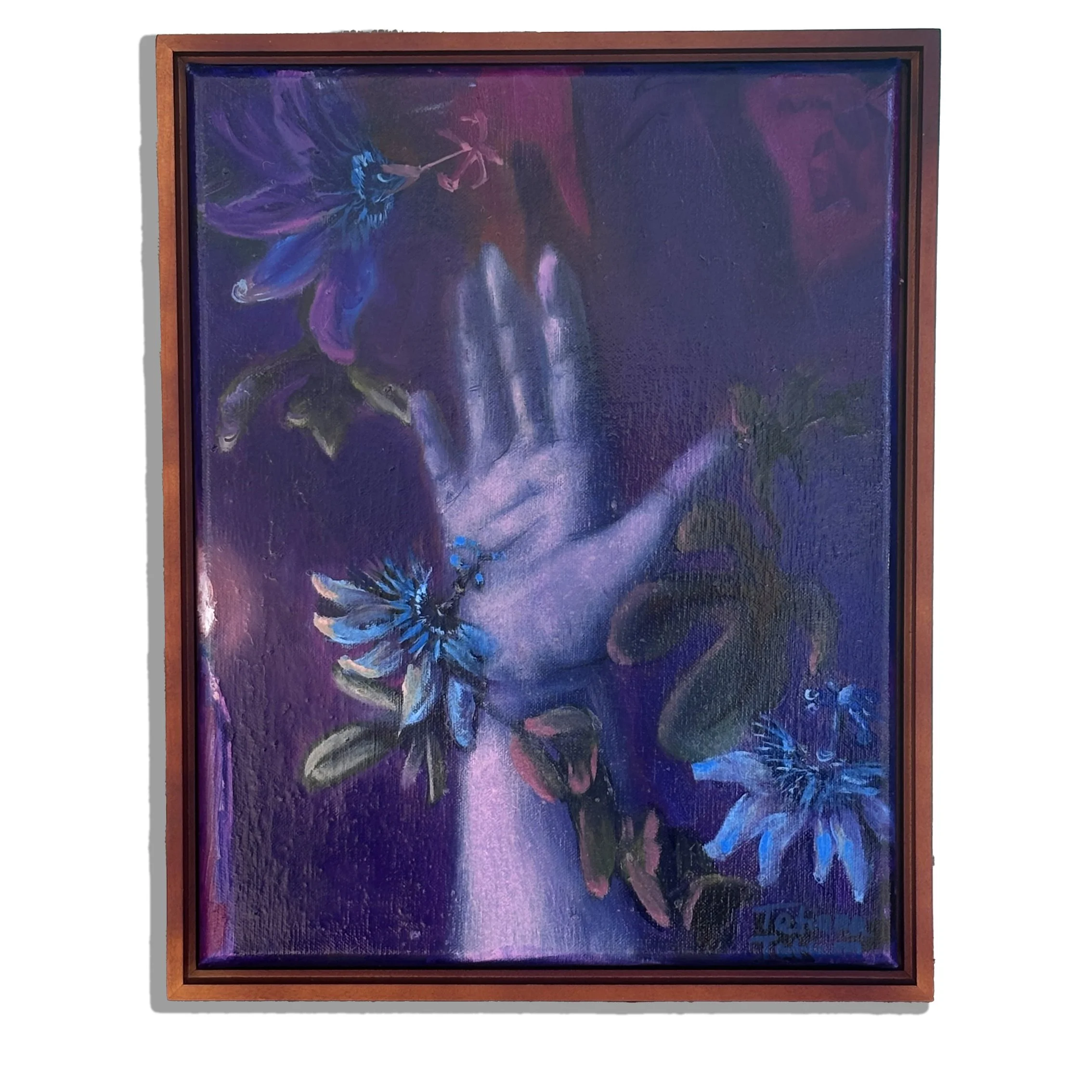 Painting of a hand reaching upwards, surrounded by blue flowers