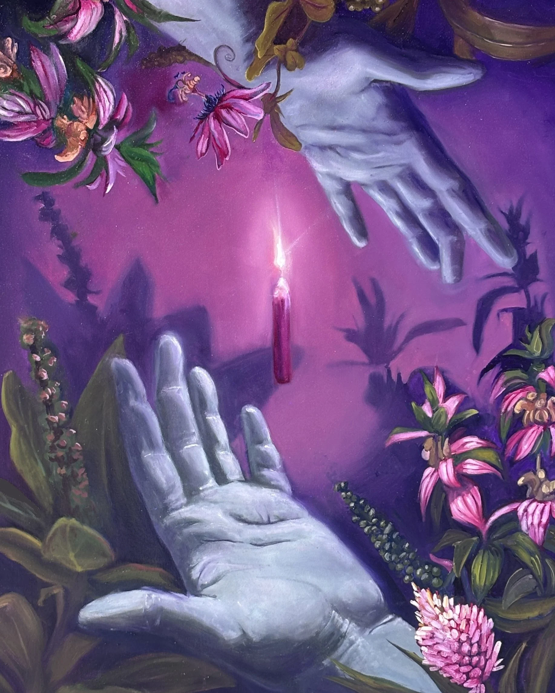 Painting of a candle surrounded by herbs with one open hand above and below the candle