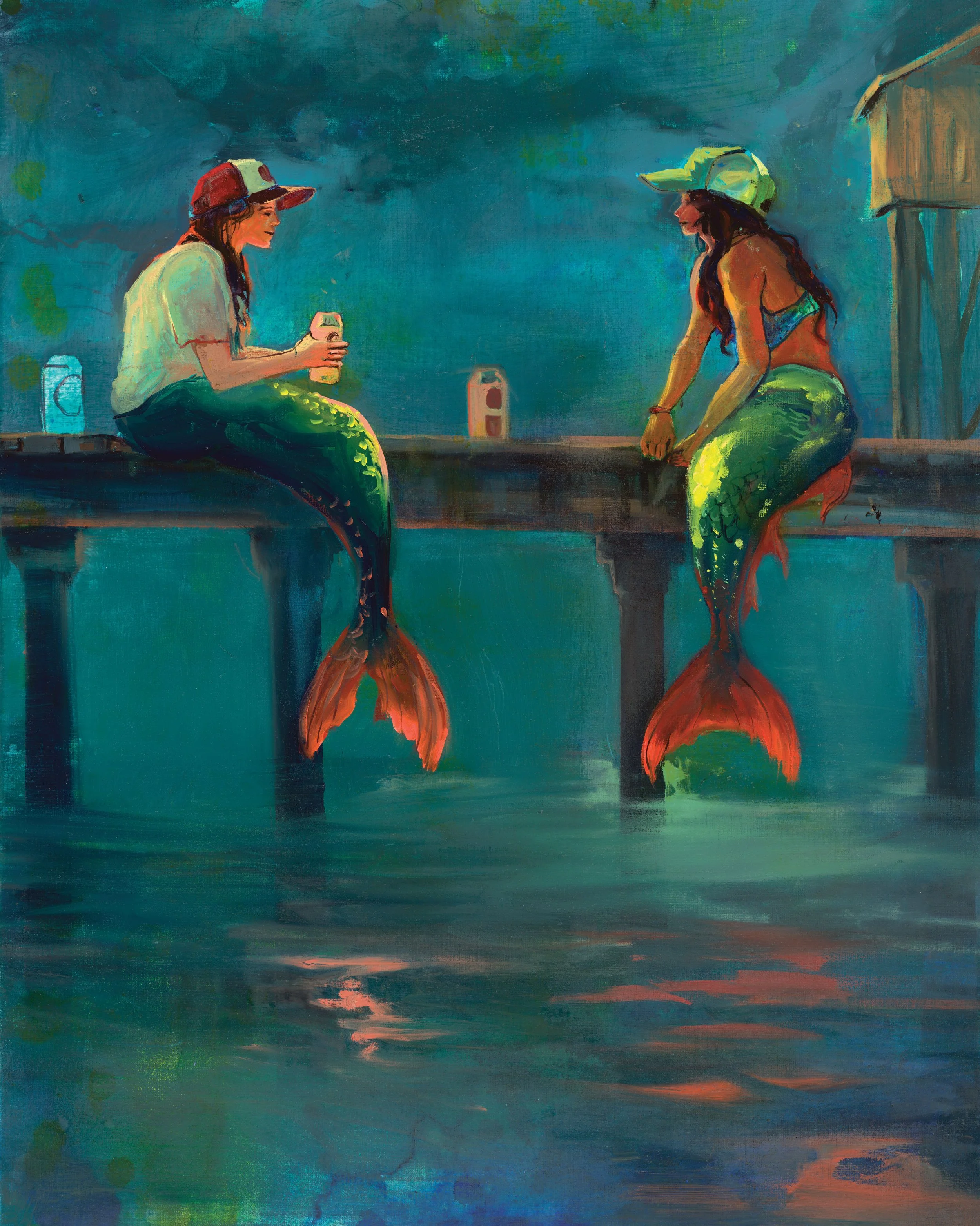 Painting of mermaids sitting on a dock and wearing hats